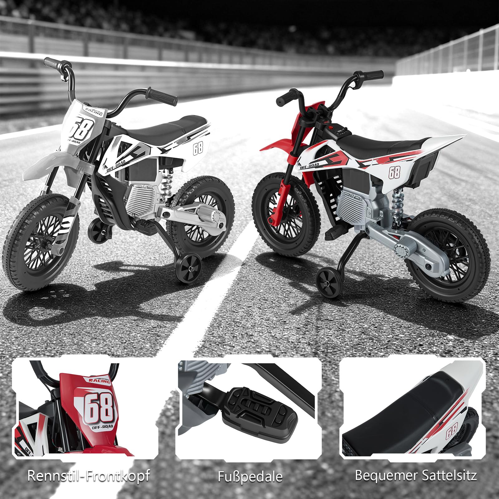 COSTWAY 12V Kinder Motorrad elektrisch, Eletromotorrad mit Fußpedalen & abnehmbaren Stützrädern, Kindermotorrad mit Musik, 3-5 km/h, Motorrad Eletro für Jungen & Mädchen ab 3 Jahre (Rot)