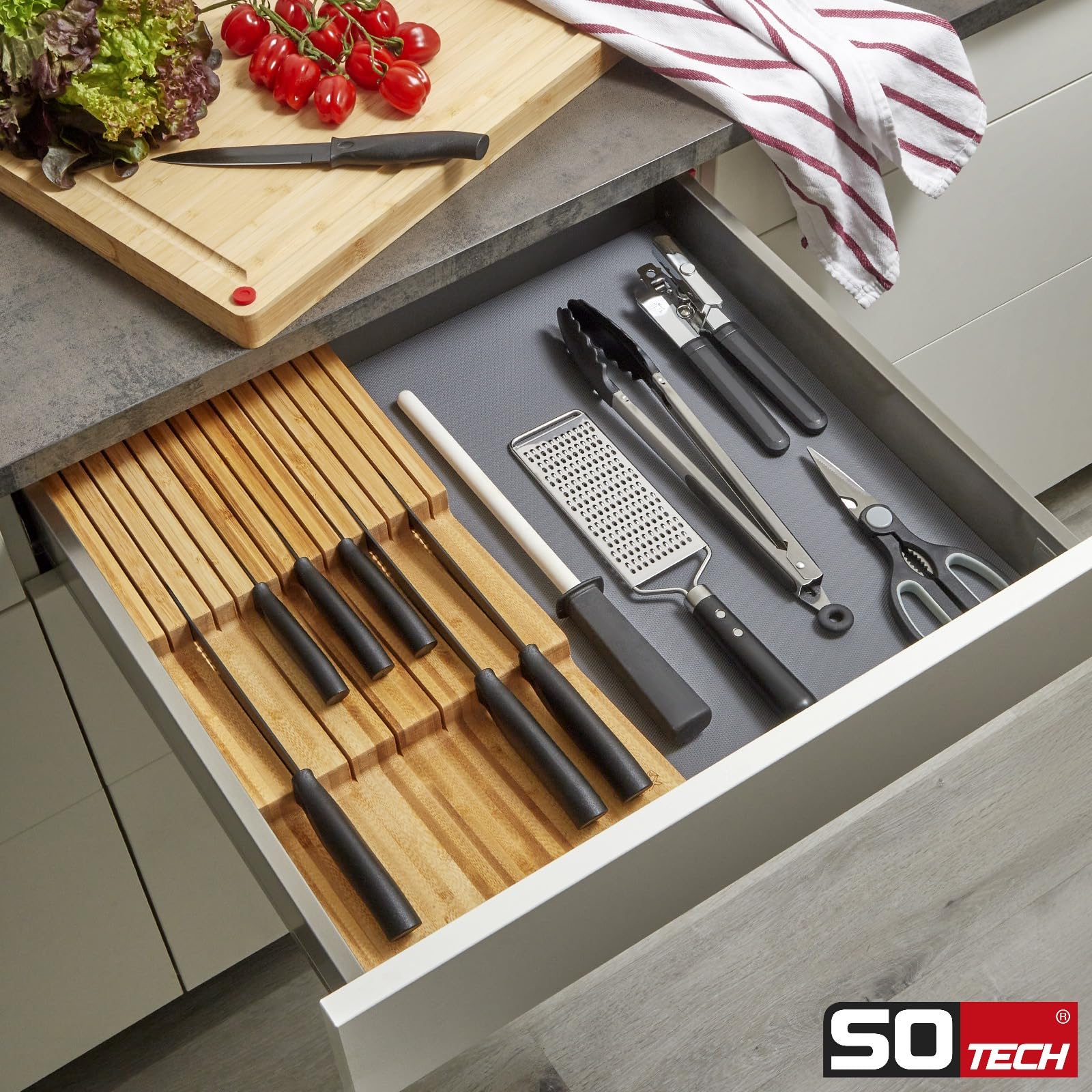 Orga-Box Vario SET 2 anthrazit für 60er Schublade Messerhalter | Antirutschmatte Orga-Weave