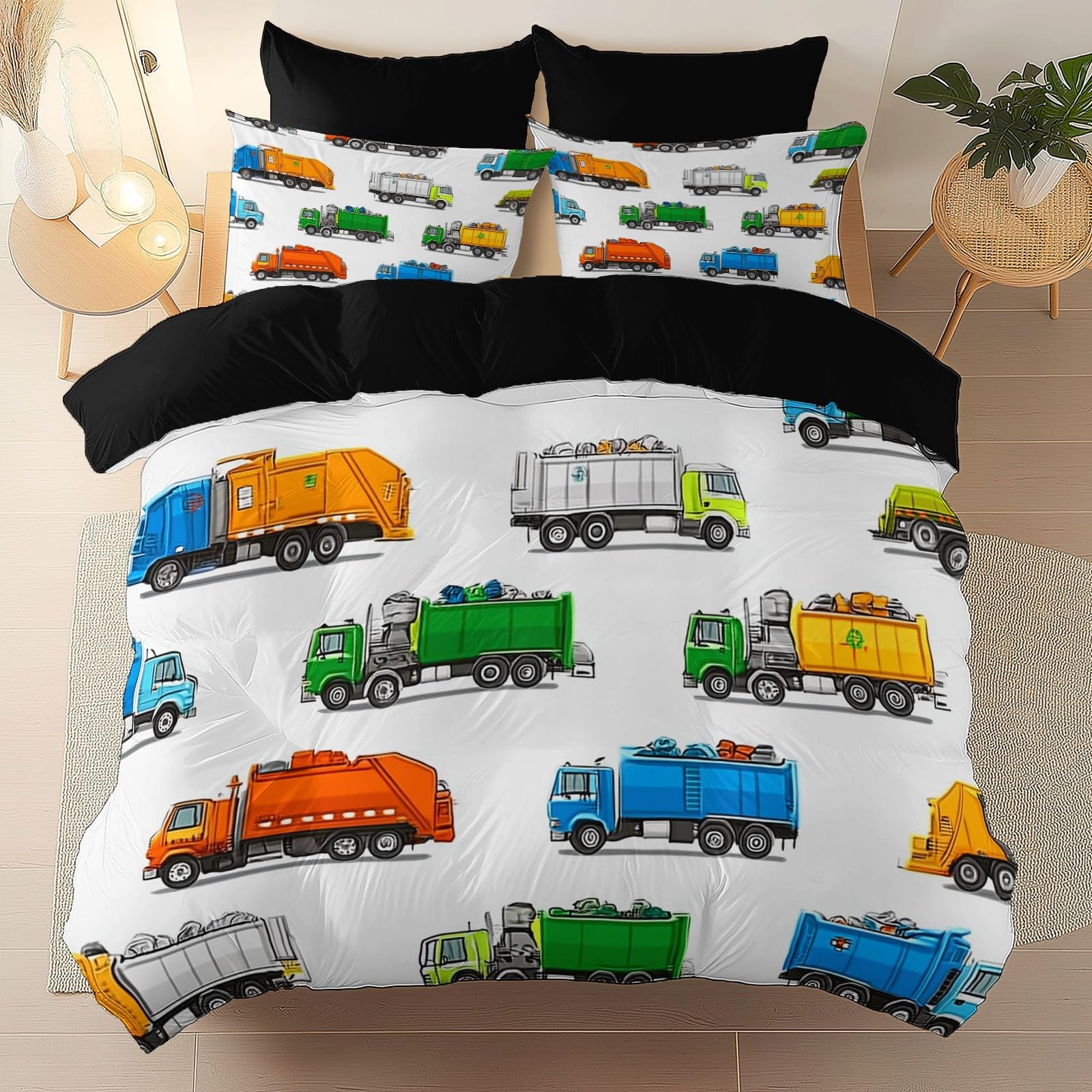Housse de couette lavable en machine 240x260 réversible noire motif camion poubelle
