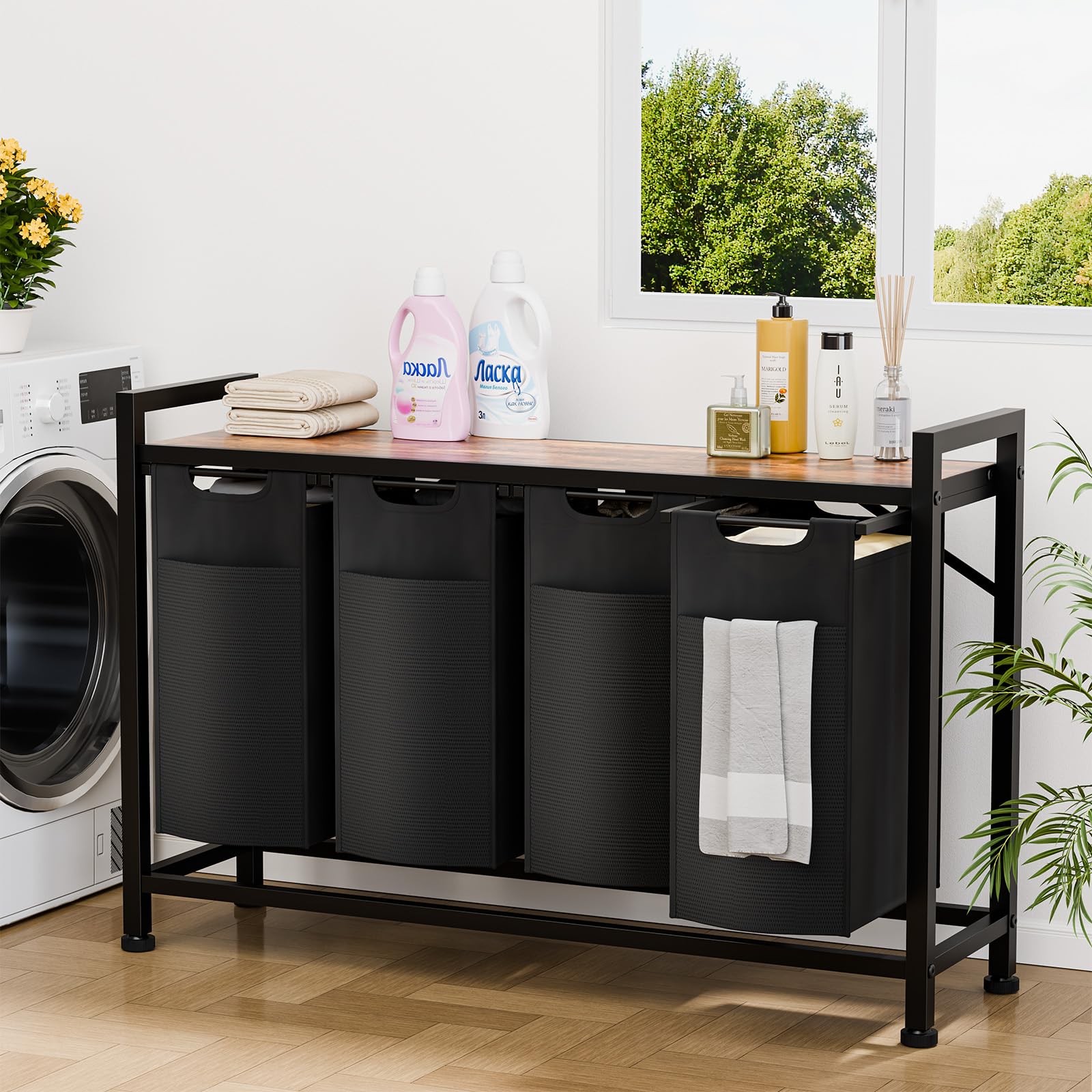 Sweetcrispy Wäschesammler mit Rollen, Wäschekorb 4 Fächer, 160 L, Schwarz | mit Ablage, 4 abnehmbare Wäschesäcke, Familien-Wäschesortierer, für Waschküche/Bad