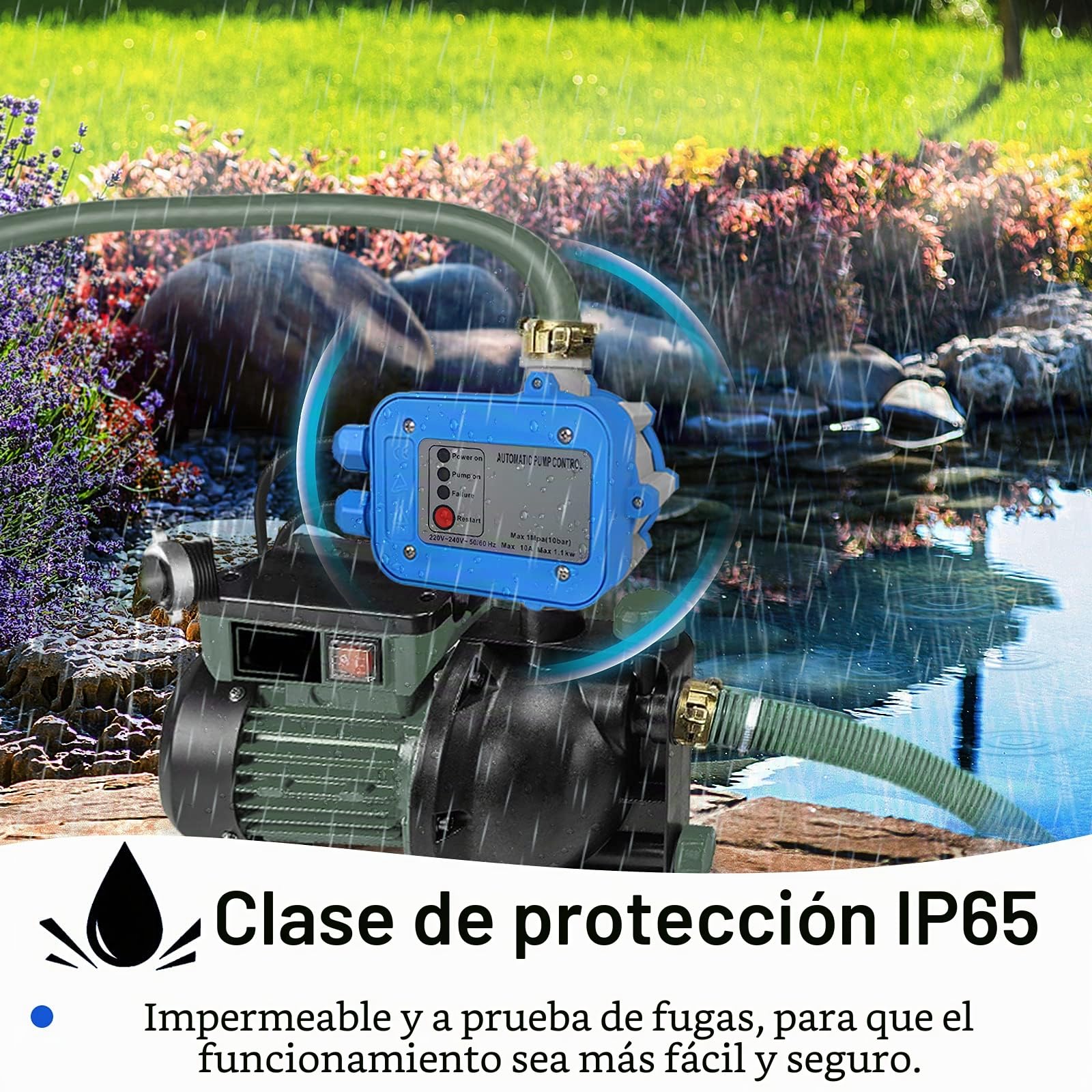 NAIZY Bomba de control de presión, máx. 10 bar, control automático de presión, con cable y enchufe, IP65 para instalaciones de agua domésticas, bombas de pozos profundos, riego de jardín (tipo A)