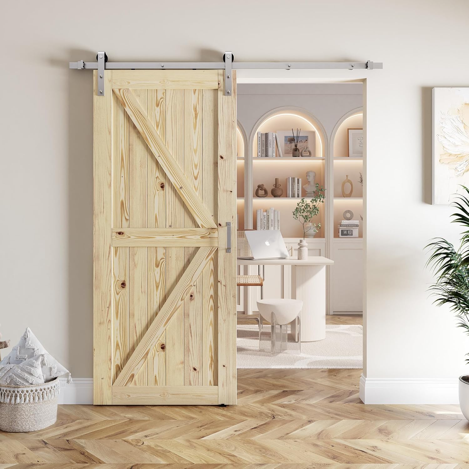 24 x 84 in Solid Wood Paneled Sliding Barn Door with Brushed Nickel Hardware Kit