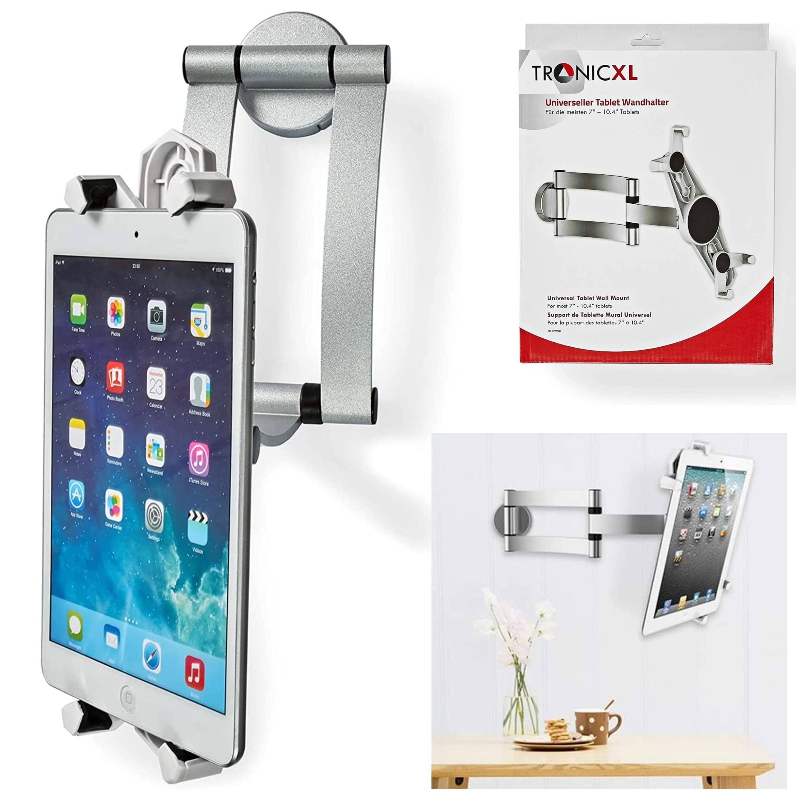 TronicXL Uniwersalny uchwyt ścienny do tabletu, 7-10,4", w pełni ruchomy, obrotowy, kompatybilny z Apple Ipad Lenovo, Huawei, Sony, Samsung Galaxy Tab A, Android, iOs, mocowanie ścienne