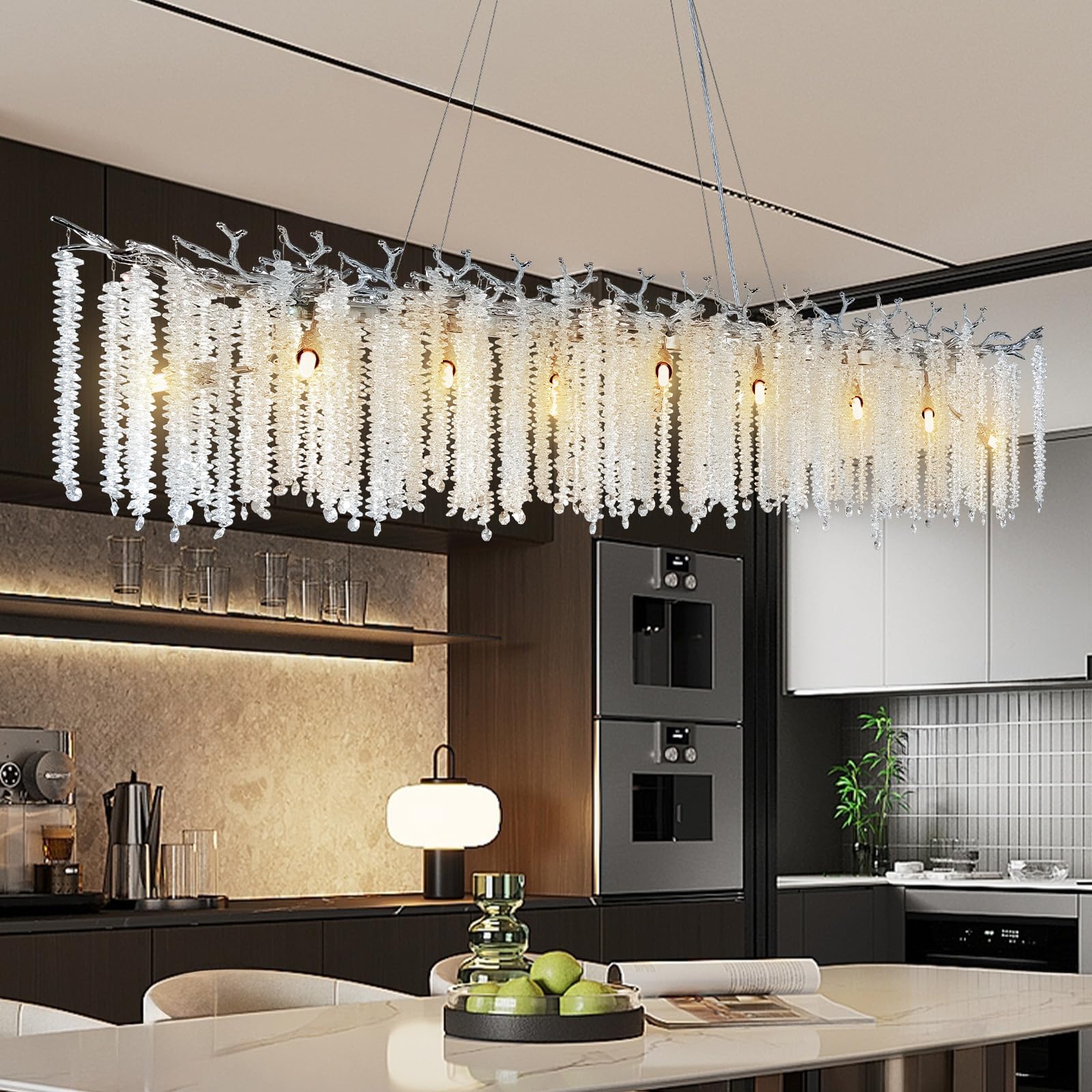 YUYI Modern Crystal Chandelier, 60" Silver Tree Branch Chandelier for Dining Room, Large Rectangular, Luxury High Ceiling Light Fixture for Living