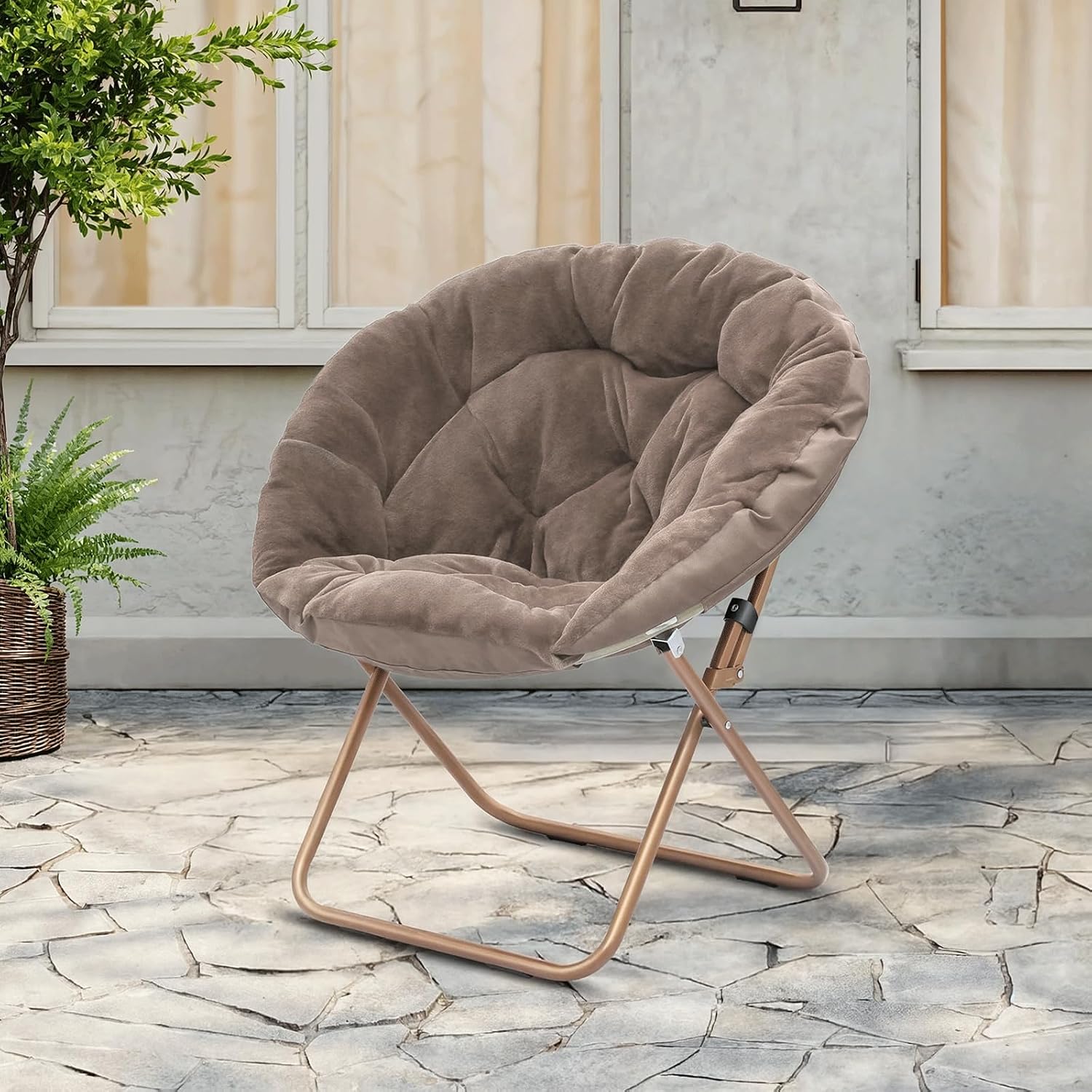 Cozy Saucer Chair, Living Room Chair, Faux Fur Soft Thick Padded Folding Chair, Comfortable Moon Chair for Living Room, Bedroom, Reading Nook, Modern Style, 2 Pack, Light Brown