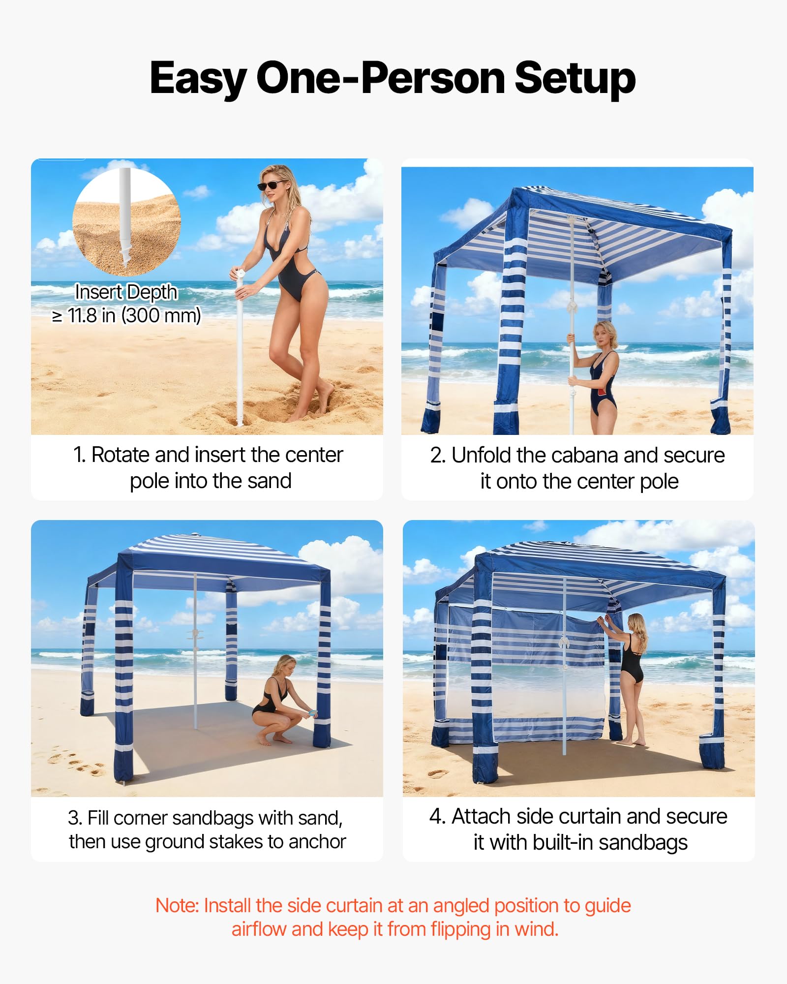 VEVOR Tenda da Spiaggia per Esterno 2438 x 2438 mm con Parete Laterale, Facile da Montare con Tasche per la Sabbia, Ombrellone Parasole Portatile Regolabile in Altezza, Striato Blu Scuro e Bianco