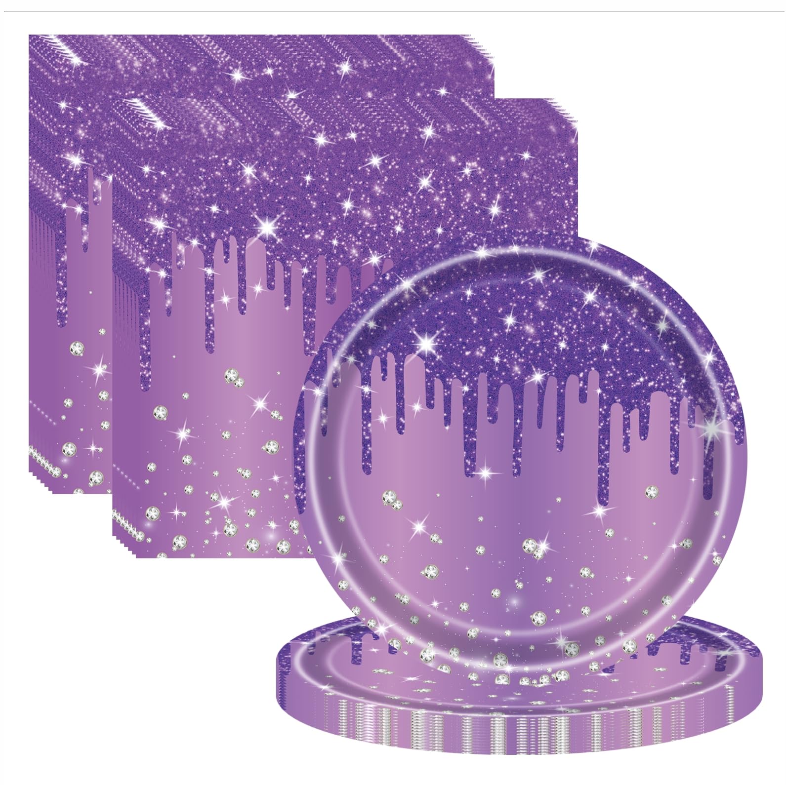 ZSYIULIA Purple Diamond Theme Disposable Tableware Set, 20 Paper Napkins 16 Plates, Disposable Paper Tableware Napkins and Plates Birthday Decorations for Her, Women, Adults Kids Party