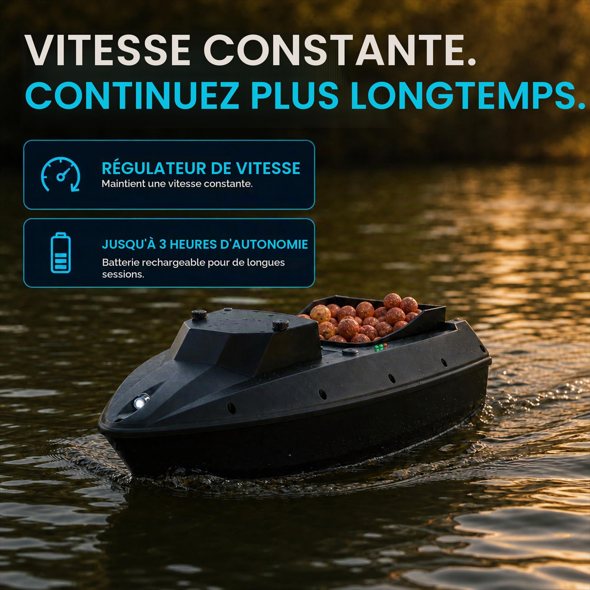 Bateau amorceur à la Carpe - Nouveau Modèle avec Régulateur de Croisière, 1.5 kg Capacité de Charge, 500 m Portée, 3 Heures de Navire, Lumières LED - Bateau à Carpe Baitboat avec Télécommande