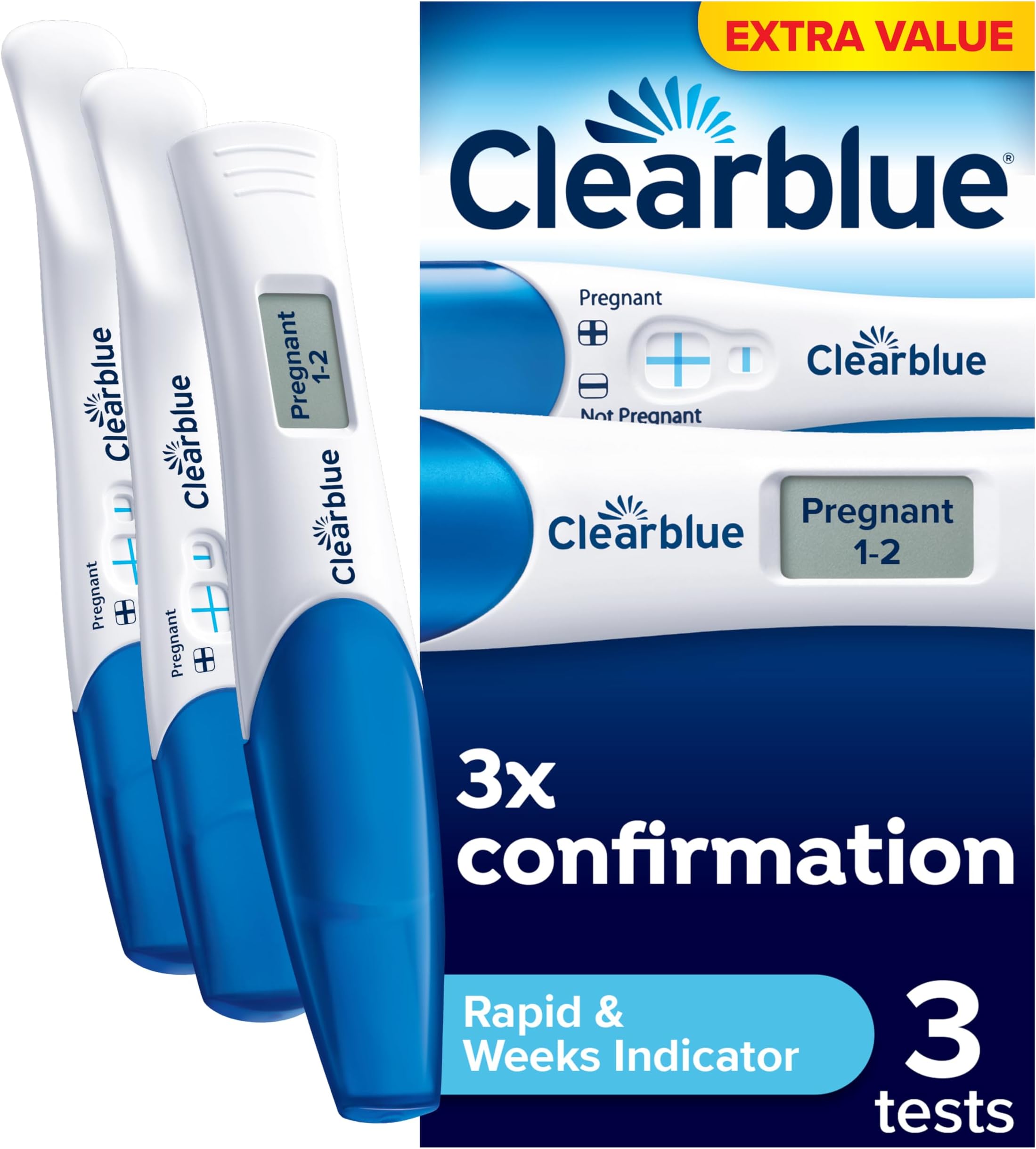 Clearblue Pregnancy Test 3X Confirmation Combo Pack, Result As Fast As 1 Minute (Visual Sticks) & Tells You How Many Weeks (Digital Stick), Kit of 3 Tests (1 Digital, 2 Visual)