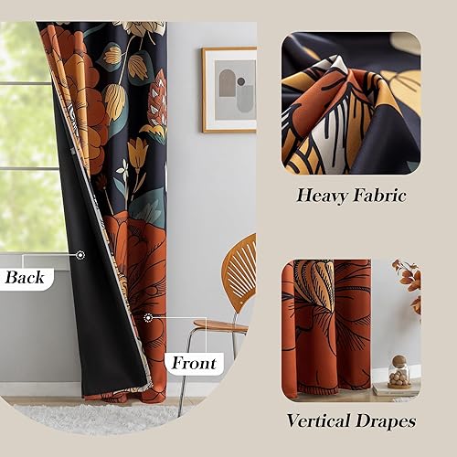 Miniatura 5 de Cortinas 100% opacas negras, bohemias, botánicas, florales, 2 paneles, diseño de mediados de siglo para sala, dormitorio, con ojales, aislamiento
