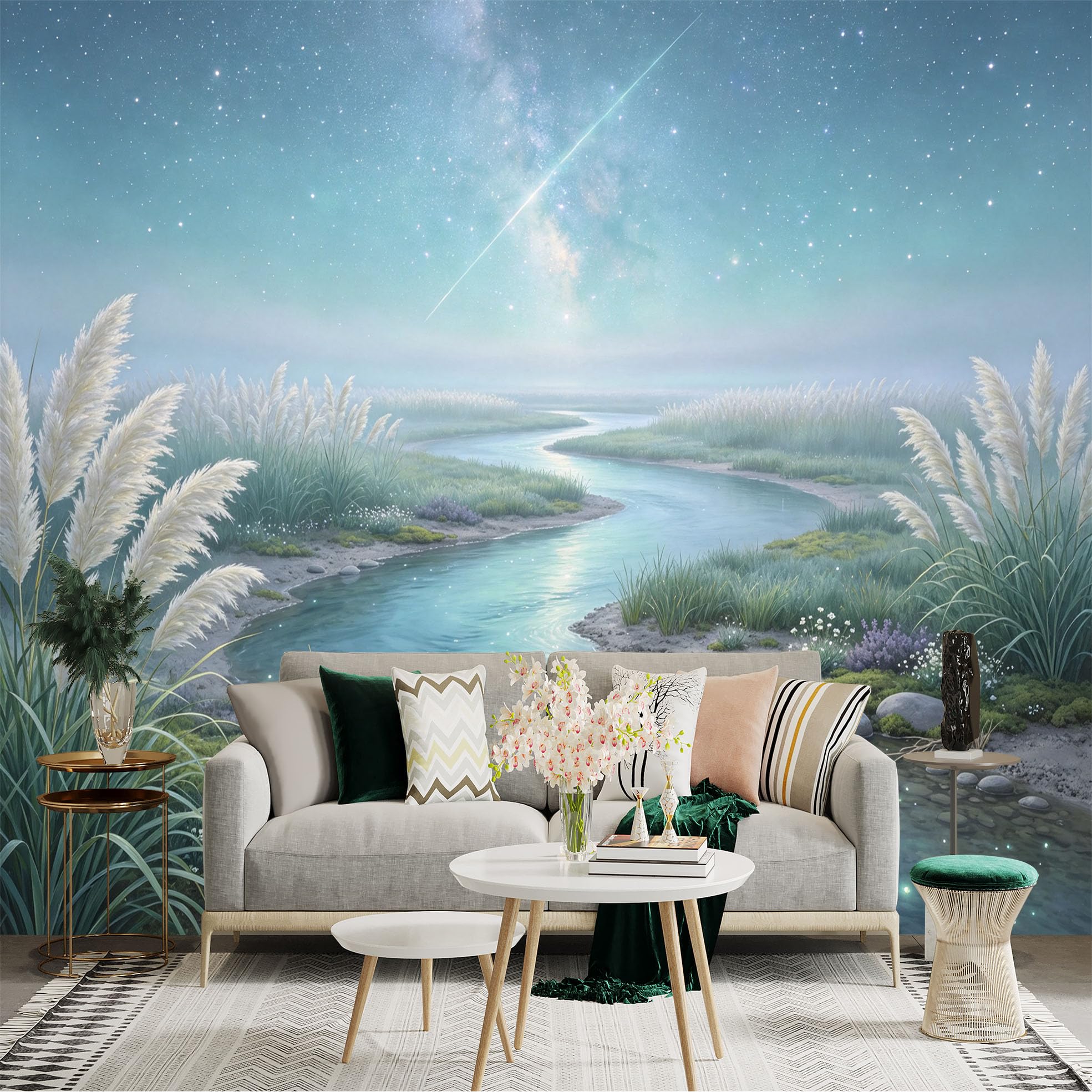 Custom Size Wall Sticker Mural， Dreamy River Landscape， Starry Night Sky， Glowing Water， Meadow Reeds， for wall Decoration， peelandstick wall Decals.
