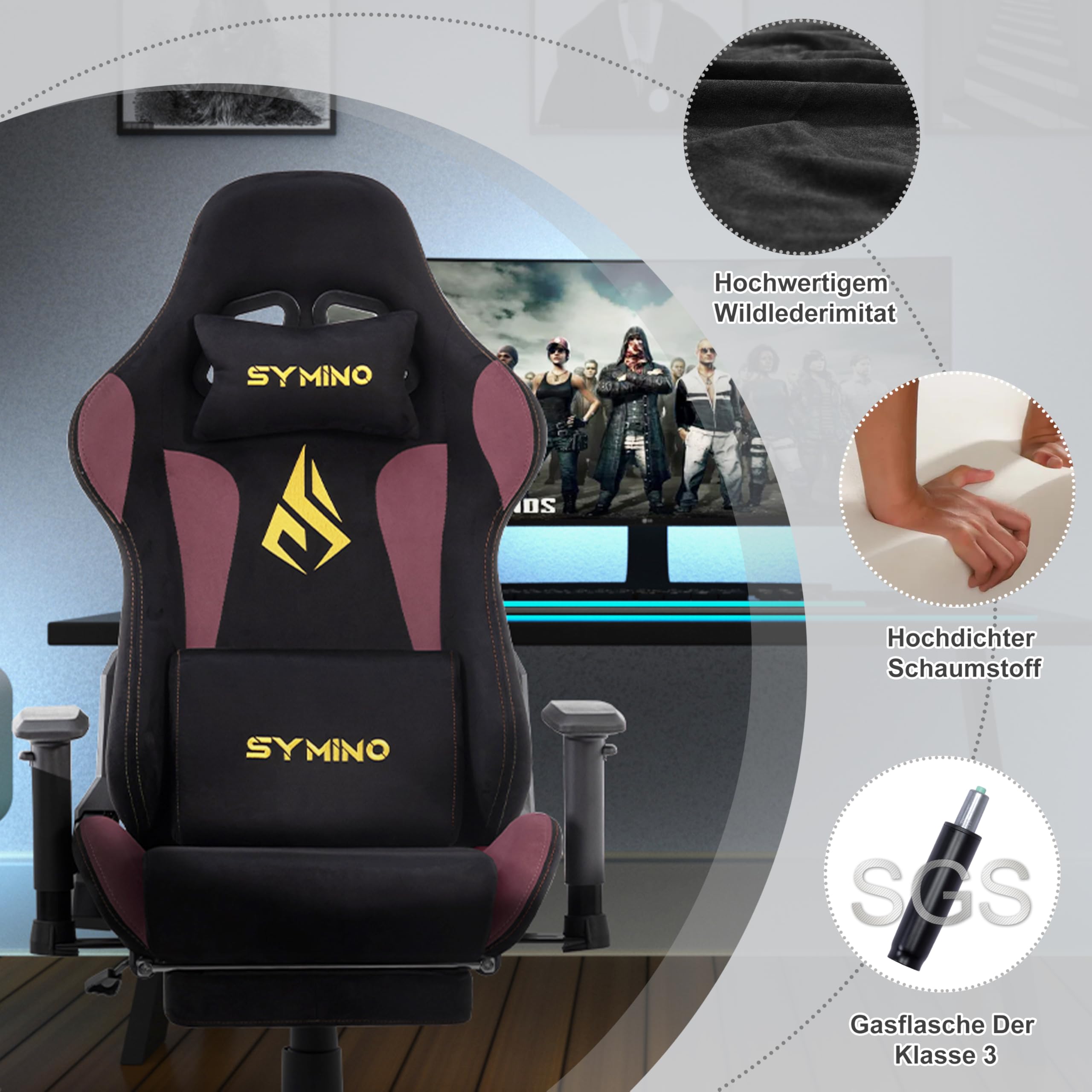 Symino Sedia da gioco ergonomica e poltrona gamer con poggiapiedi telescopico, cuscino a molle, supporto lombare e altezza regolabile 200 kg