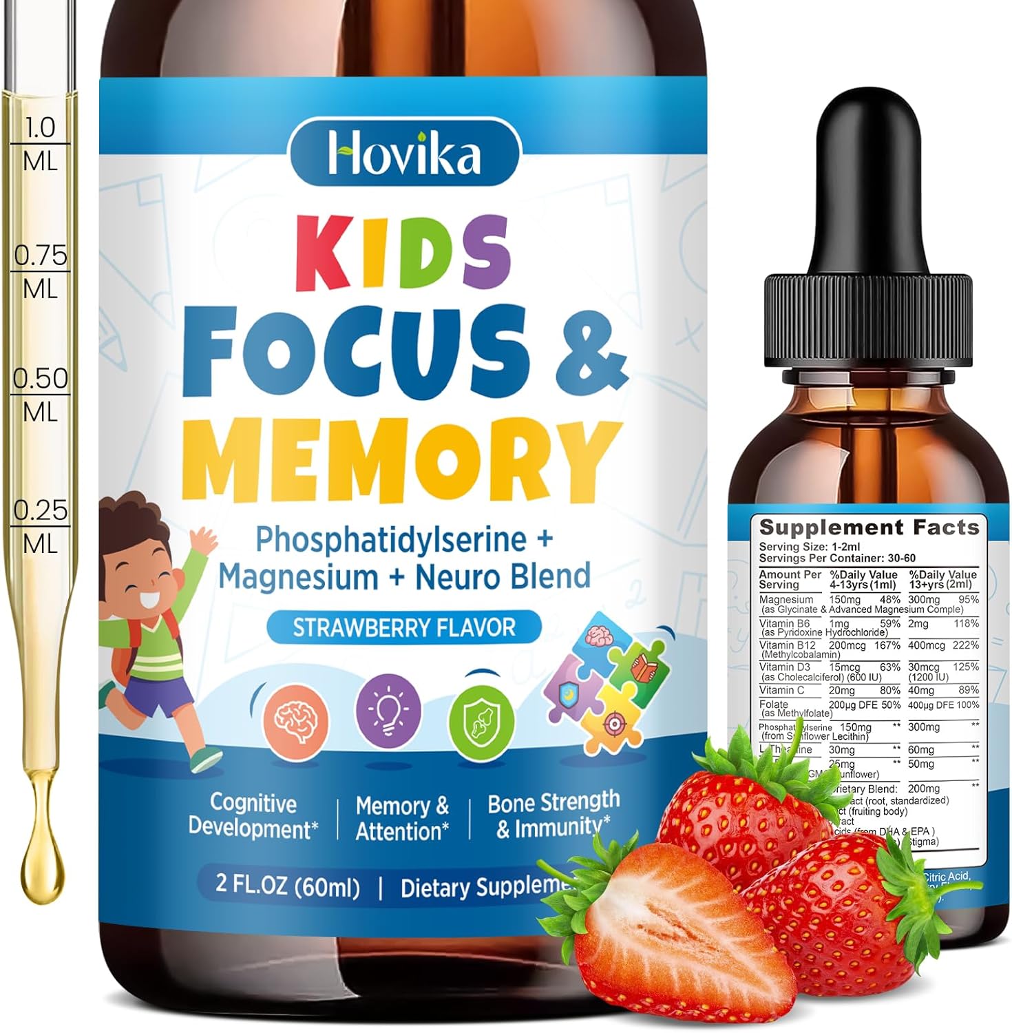 Kids Focus and Attention Supplements with Phosphatidylserine, L-Theanine, Omega-3 & Magnesium Glycinate - Kids Brain Vitamins Liquid Drops - Supports Concentration, Memory, Sleep & Mood, Strawberry