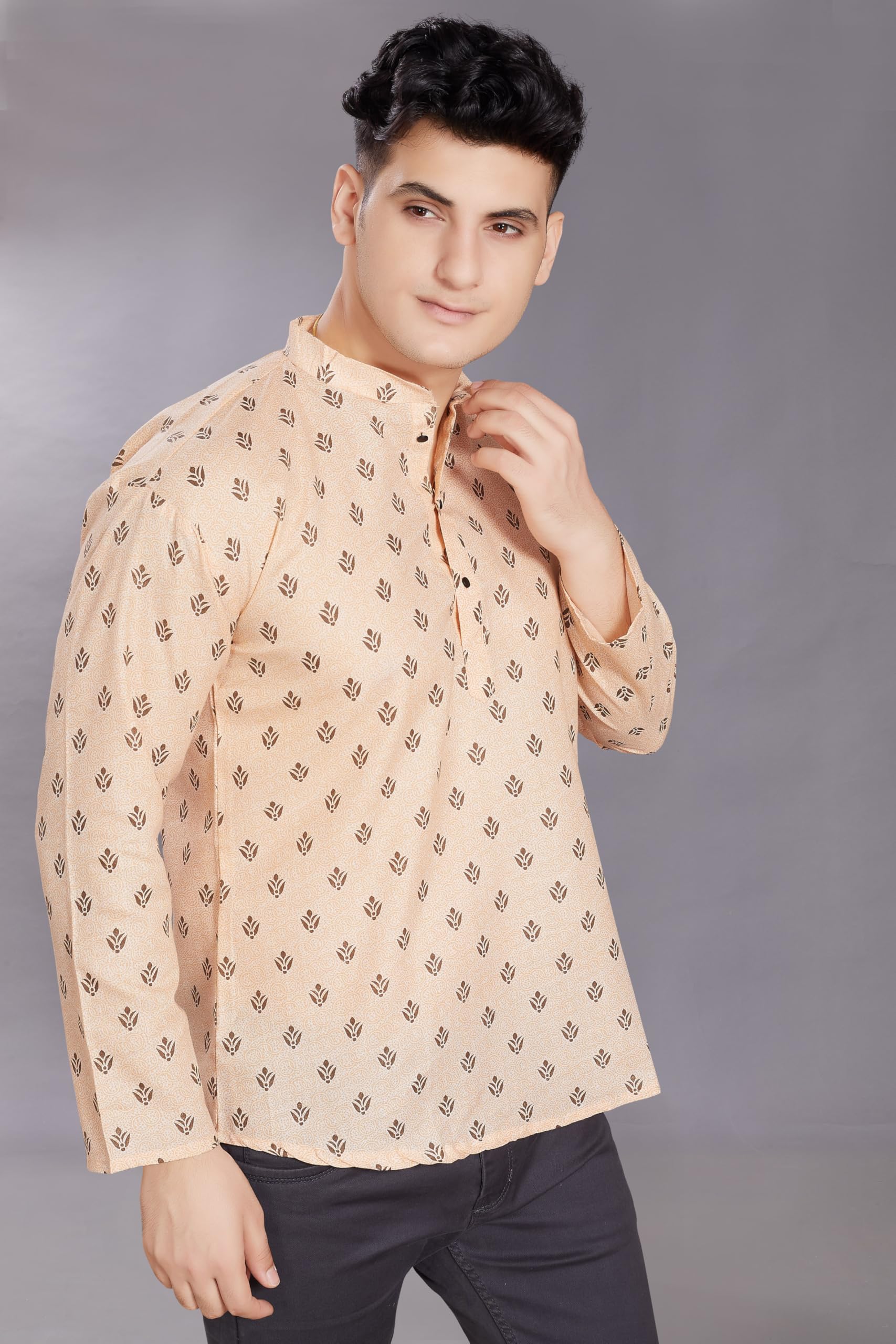Divisive Men's Pure Cotton Relaxed Fit Printed Short Kurta (Dkrt444_S_Beige)