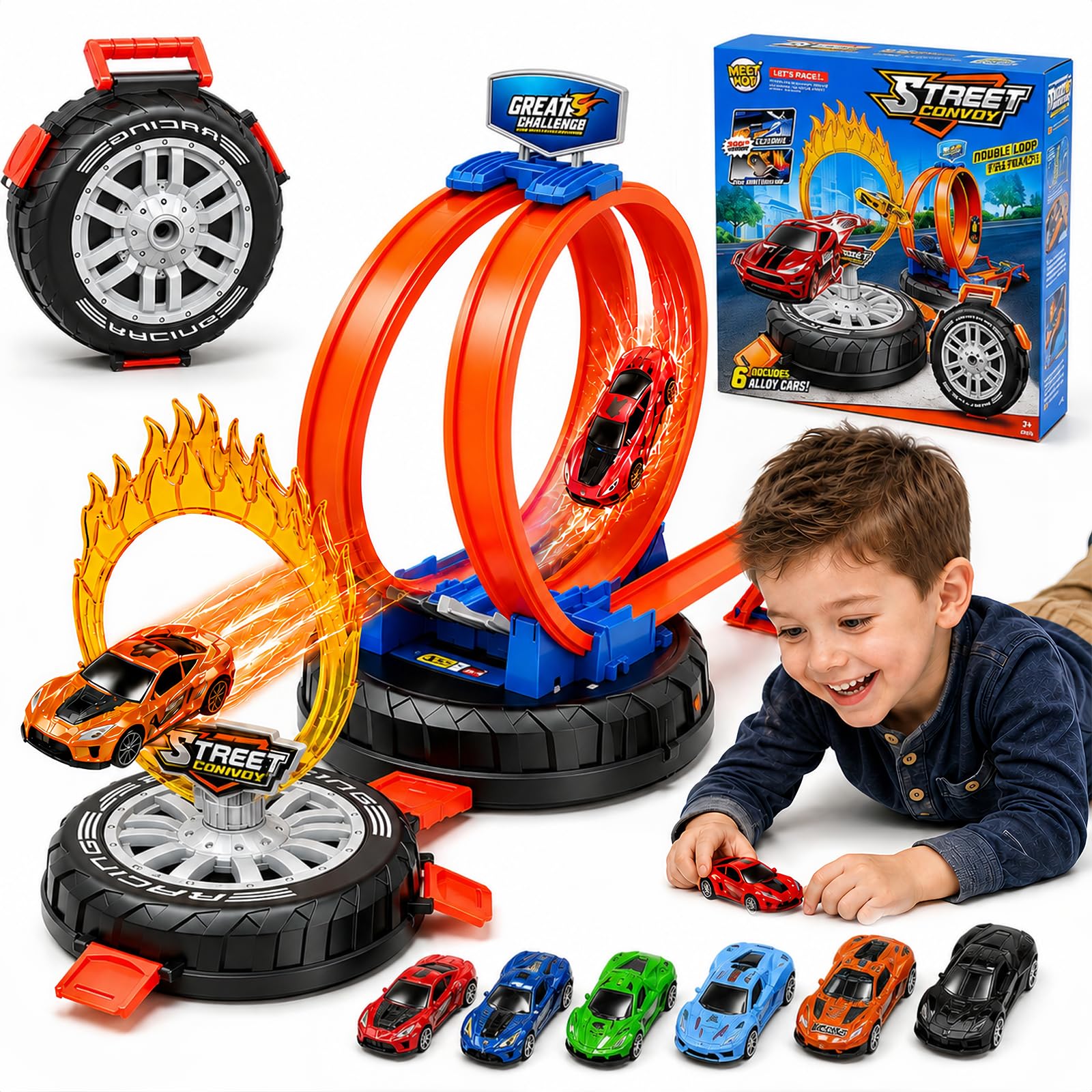 Circuit Voiture Enfant, Garage Voiture Enfants, Set de Voiture Jouet avec 6 Petites Voitures Enfant, Voiture Enfant 3 Ans, Jouet de Piste de Course avec Rangement en Forme de Pneu