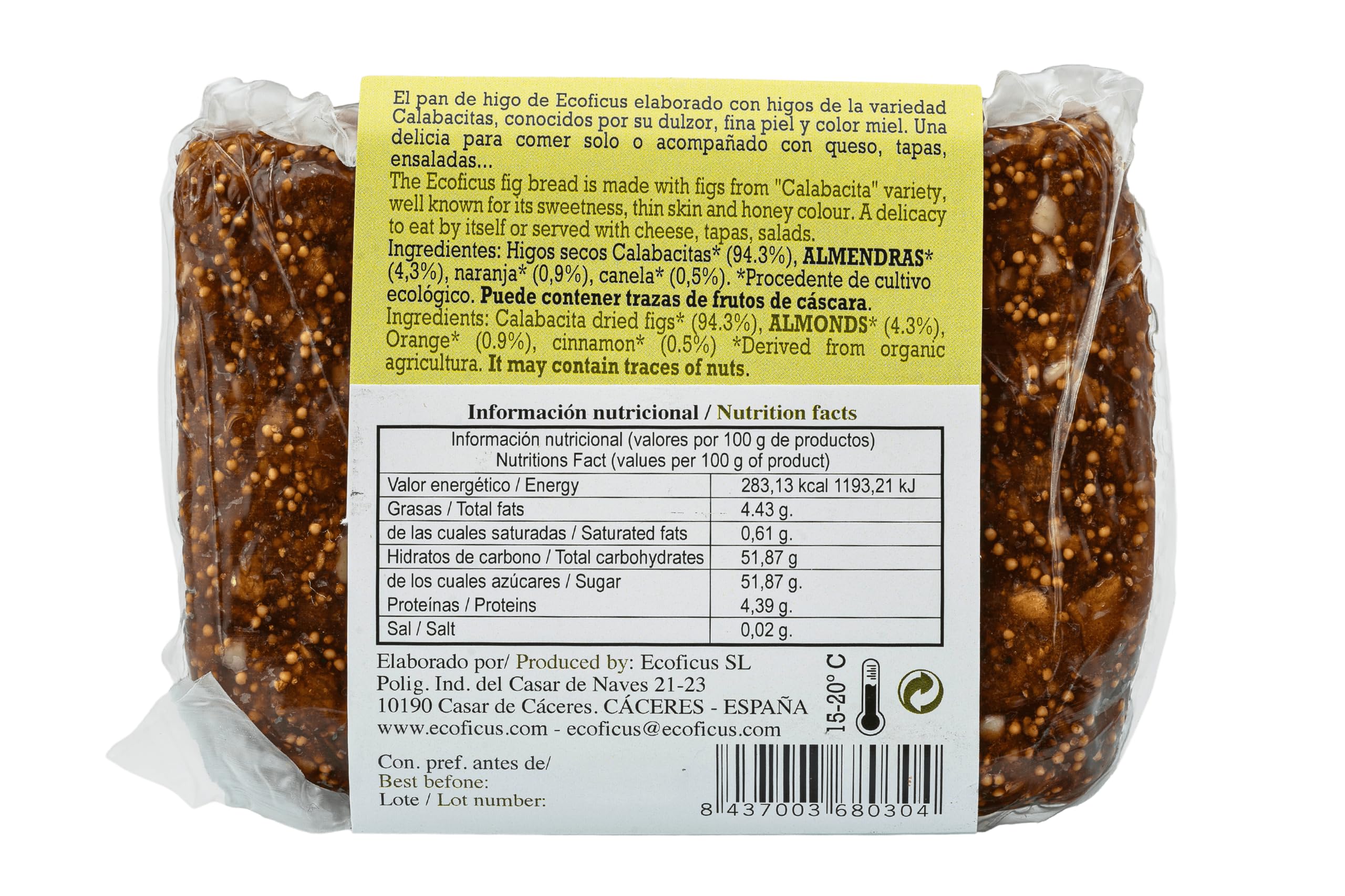 ECOFICUS Pan de higo BIO con naranja 200g Sin Gluten Vegano