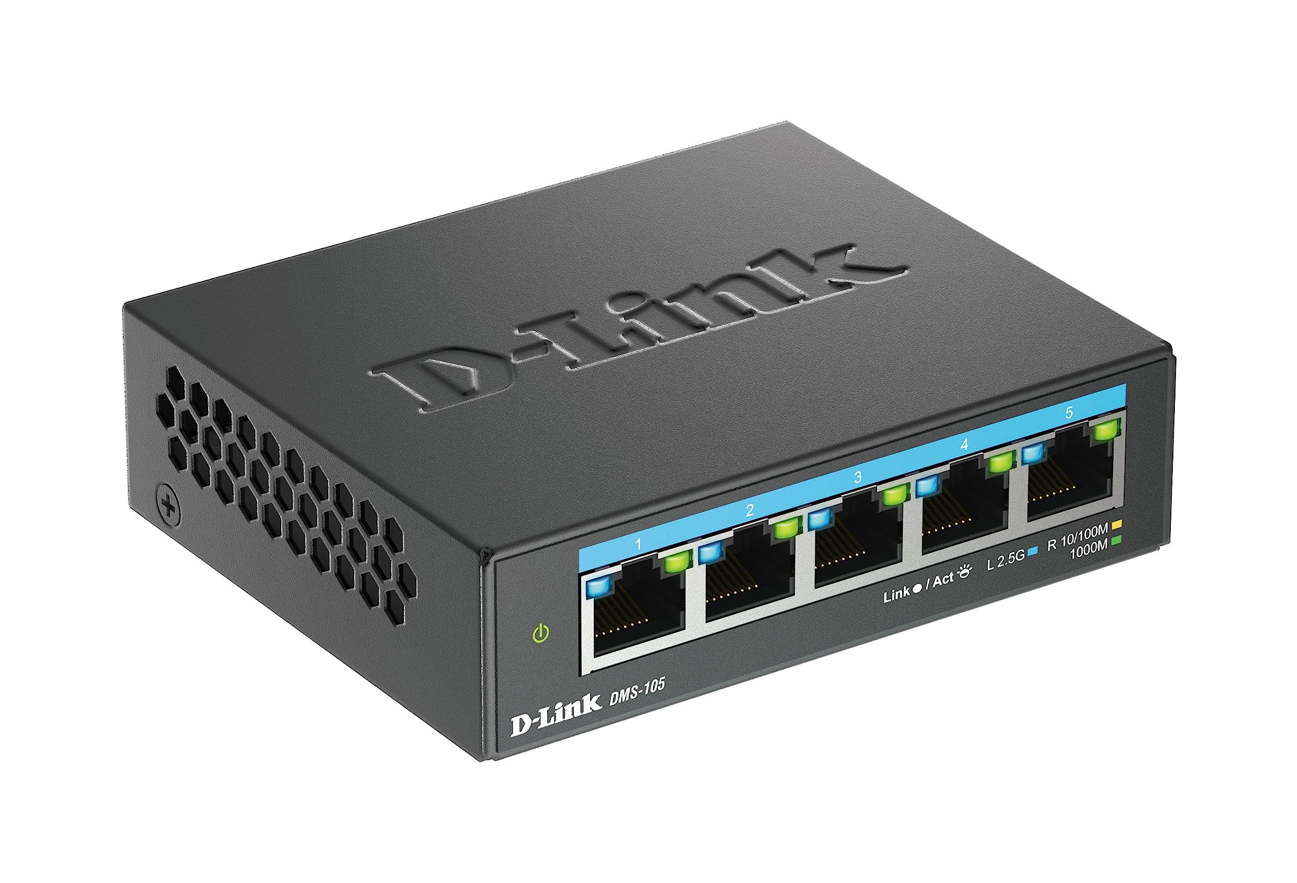 D-Link DMS-105, Switch Multigigabit, sin gestión, sobremesa, 5 Puertos 2.5 Gigabit (2.500 Mbps), Ideal para Enlace a NAS o servidores, metálico, Plug and Play, IGMP Snooping | 5 puertos de 2,5 G, sin ventilador, carcasa metálica, QoS, Plug and Play