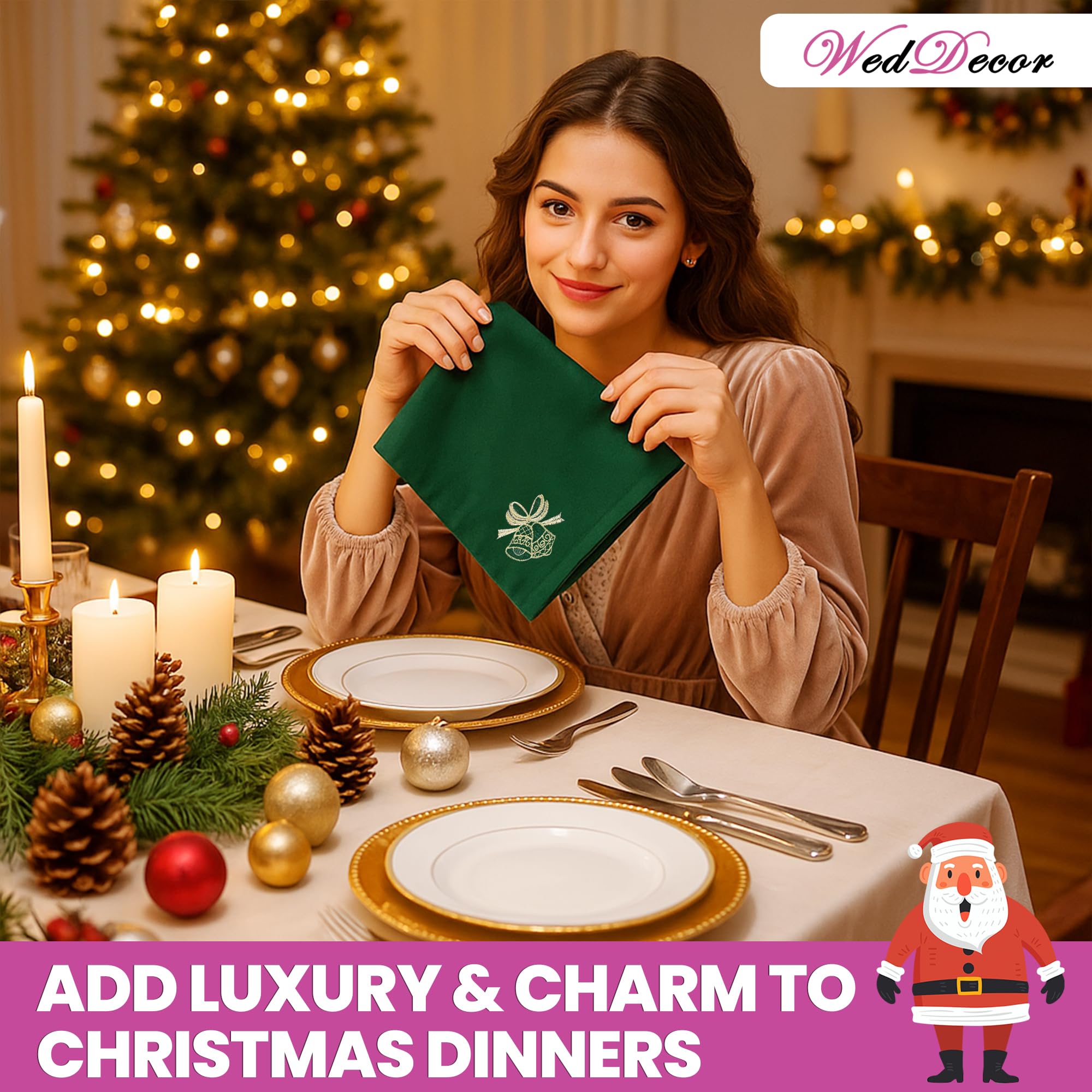 WedDecor 20 inch Filé Polyester Table Serviette avec Grelot Broderie pour Thème Noël Dîner Décorations pour Maison, Mariage,Banquet, Fête, Hôtel, Fête de Noël Décoration - Vert, 20 inch