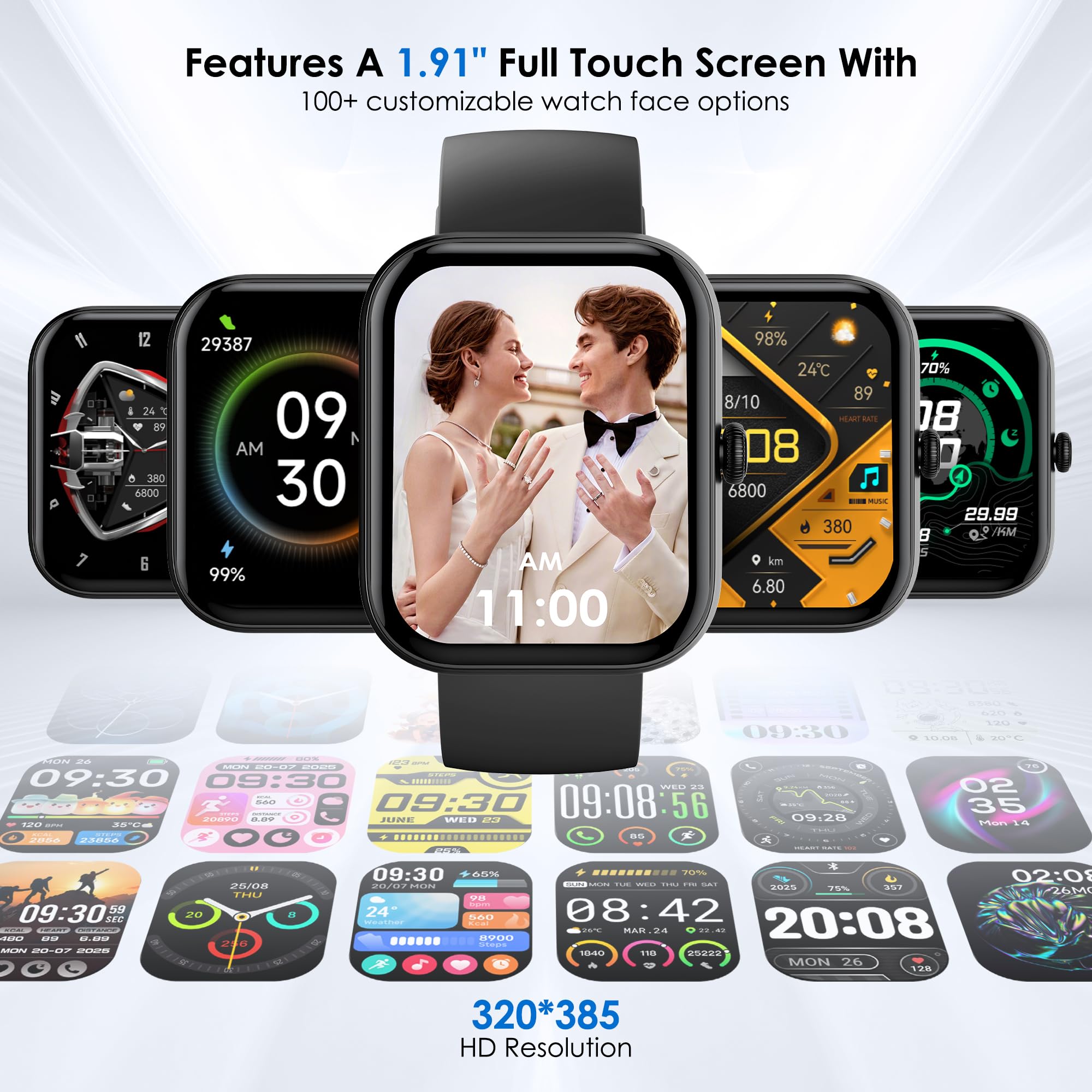 Smart Watch for Men Women, 100+ Sports Modes, Heart Rate/SpO2/Sleep Monitor, 1.91" Touch Screen, Bluetooth Calls, IP68 Waterproof Fitness Tracker, Alexa Built-in, iOS Android Compatible (Black)