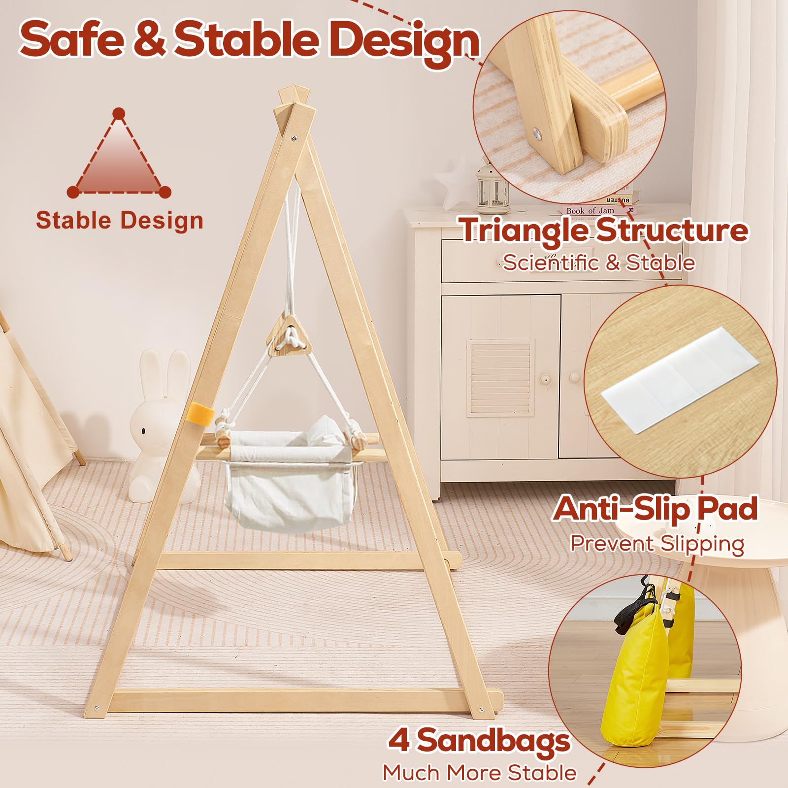 FUNLIO Montessori 2 in 1 Altalena in Legno per Bambini & Saltellante per Neonati