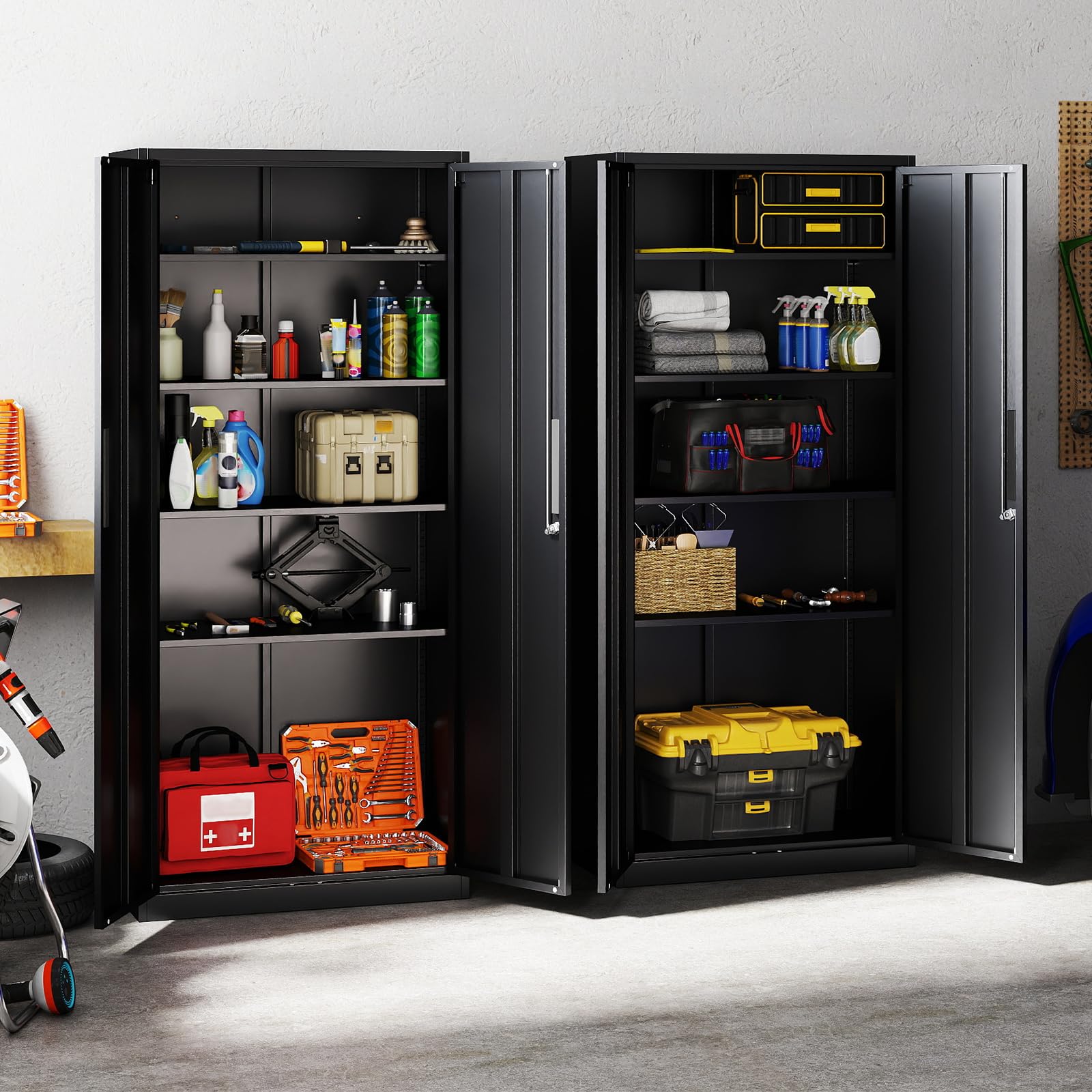 COSTWAY Armoire Bureau Metallique 180 cm, Armoire Rangement Garage en Acier, 2 Portes Verrouillables, Étagères Réglables en 26 Positions, Dispositif Anti-Basculement, pour Atelier, Noir