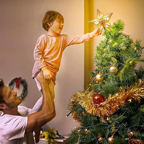 Miniatura 3 de Brizled Decoración para árbol de Navidad de 9 pulgadas, estrella 3D dorada de doble cara, adorno de árbol con purpurina con 10 luces blancas
