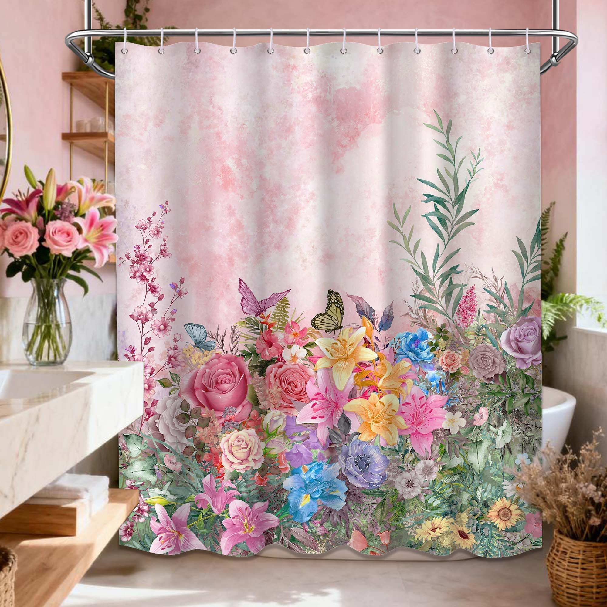 Rideau de Douche Rose printanier à Motif Floral et botanique, imperméable, avec Crochets, 244x200cm(LxH)
