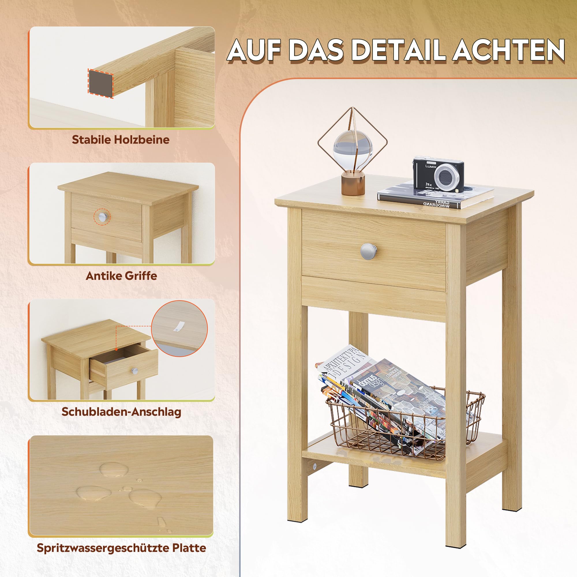 WLIVE Nachttisch,Beistelltisch aus Holz,mit Einer Schublade und Ablage,Platzsparend,Geeignet für Schlafzimmer und Wohnzimmer,Modern (2, Eiche)