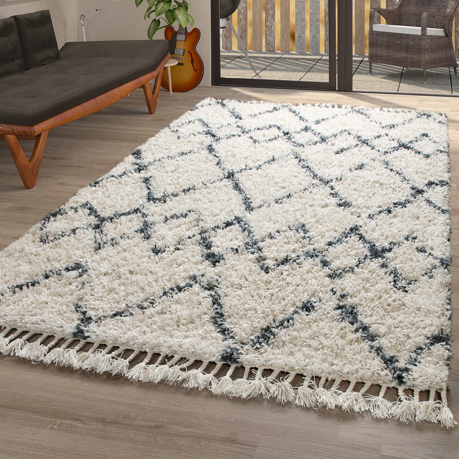 TT Home Shaggy Salon Tapis Poils Longs Moderne Motif À Losanges Carreaux Crème Bleu, Dimension:120x170 cm
