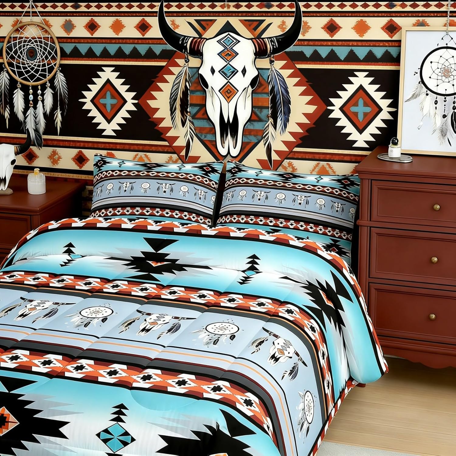 Erosebridal Western Decor, Boho Quilt Highland Cow Dream Catcher Comforter Set Southwestern Bedding Sets Full,Ethnic Tribal Arrow Aztec Duvet Insert Retro Vintage Exotic Bull Cattle Bohemian Decor - Image 3