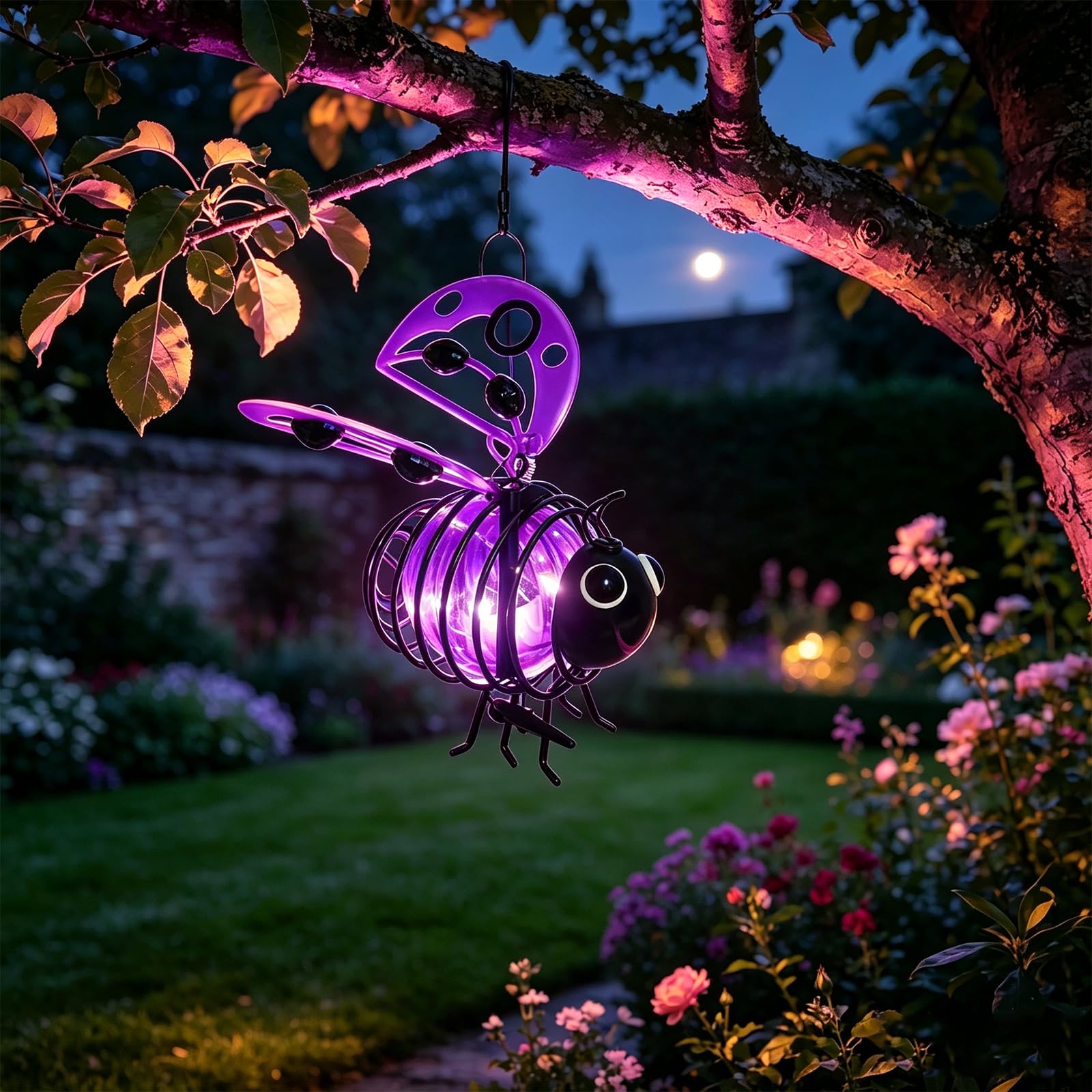 Solar Powered Hanging Bee Garden Light Outdoor, Metal Waterproof Garden Lantern, Auto-On Led Fairy Decor for Patio Yard Pathway (Purple)