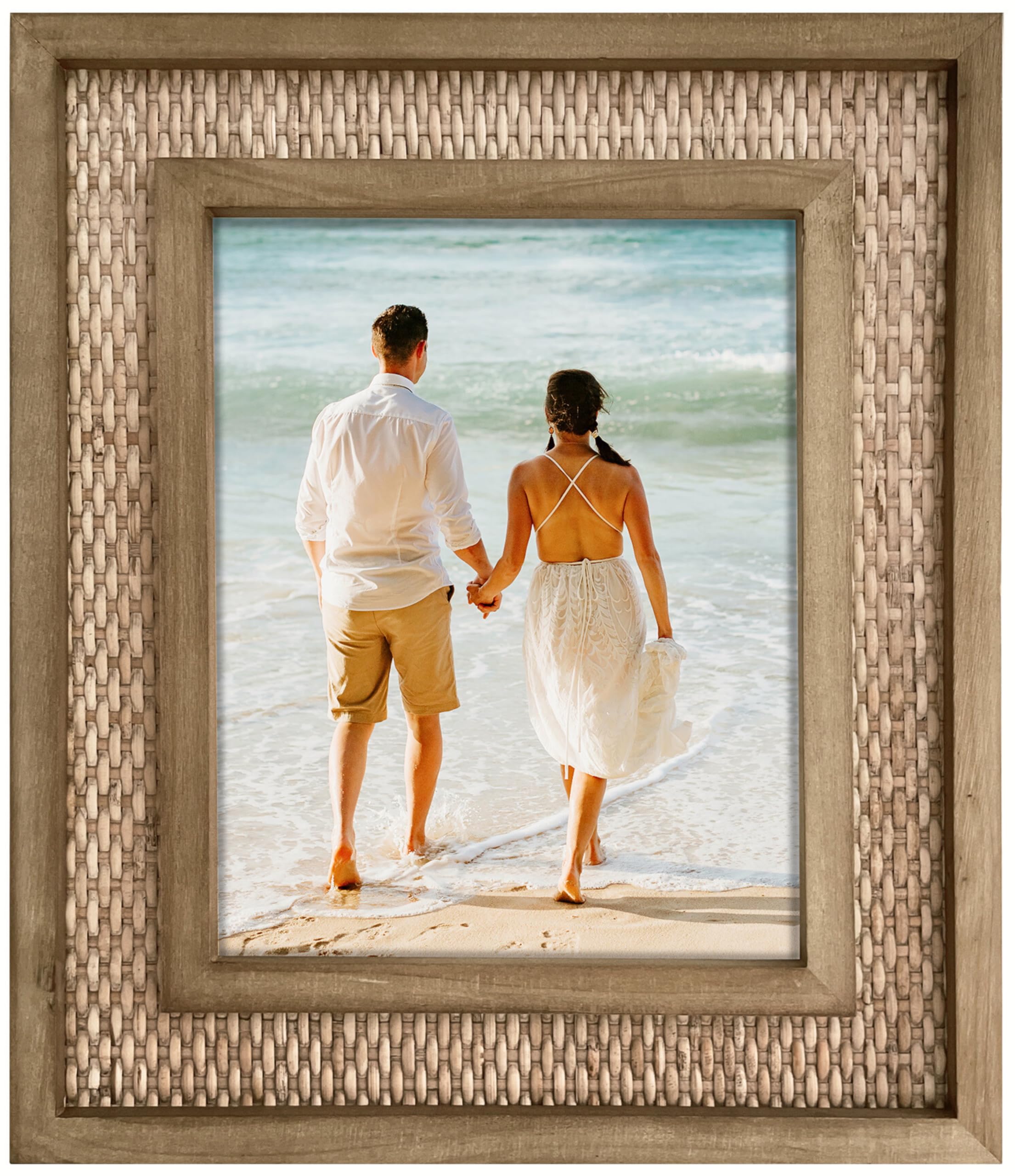 Rattan Picture Frame for 8x10 Photos – Natural Fir Wood with Woven Rattan Mat, Boho Coastal Decorative Frame, Vertical/Horizontal Display, Tabletop or Wall Mount (12.5" x 14.5" Outer Size)