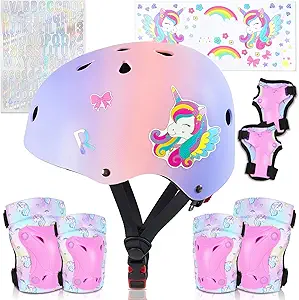 Kids Helmet, Toddler Bike Helmet with DIY Stickers Unicorn Knee Pads and Elbow Pads Set Adjustable Protective Gear Set for Girls Age 3-5-8 Years fit Roller Skates, Bicycle, Skateboarding, Scooter