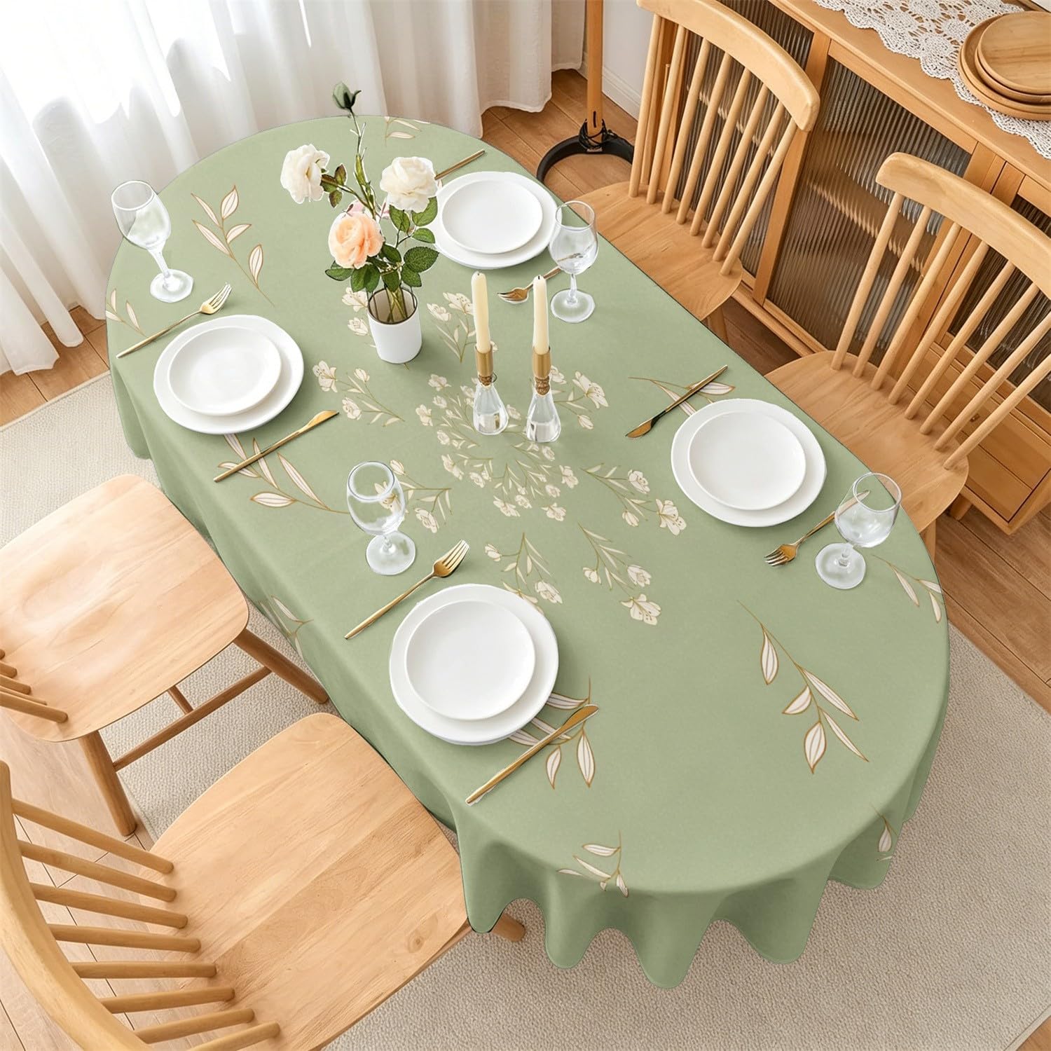 Nappe Ovale 160x200 cm Petites Fleurs, Imperméable et Anti-Tache, Nappe de Table Lavable Mandala Botanique, Linge de Table Décoration pour Cuisine Salle à Manger Jardin Terrasse Balcon E-36