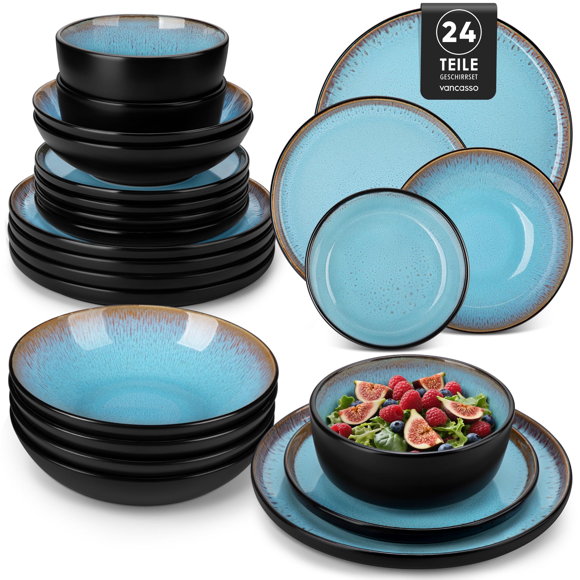 Steingut Geschirr Set 6 Personen, vancasso AMBER Teller Set 6 Personen, Tafelservice 24tlg mit Speiseteller, Dessertteller, Suppenteller, Schüssel, Reaktive Glasur, Seeblau, Spülmaschinenfest