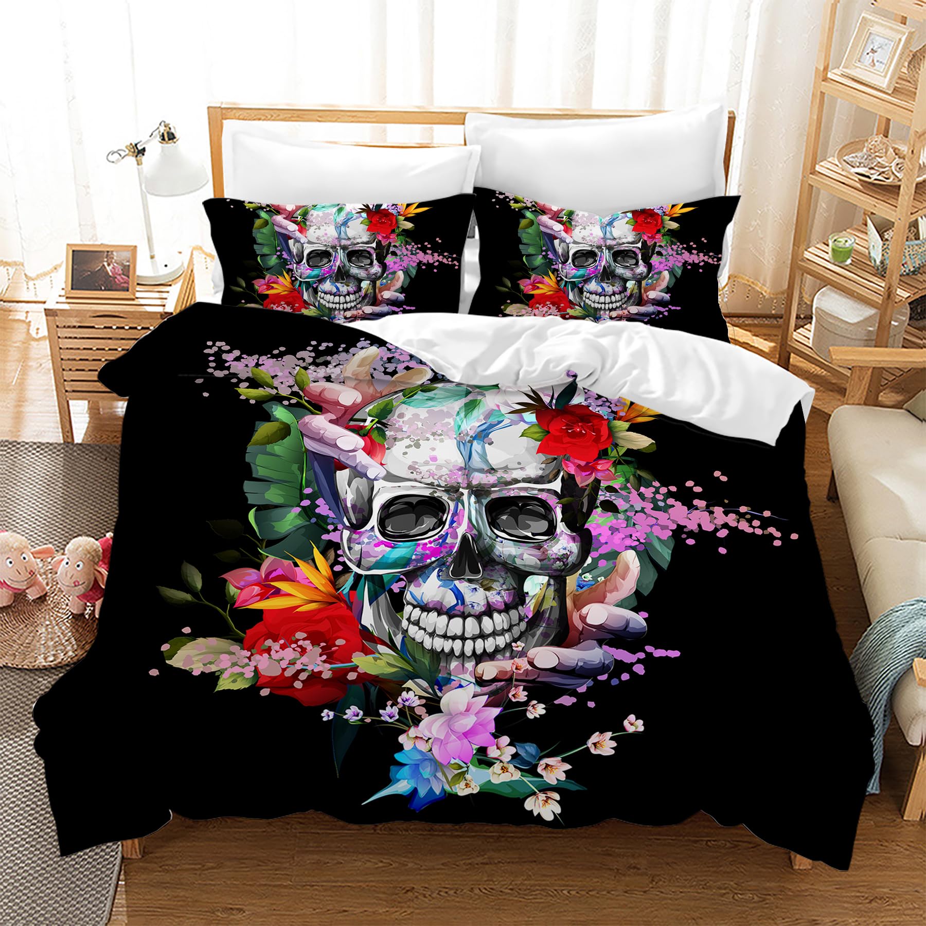 Housse de Couette Tête de Mort Gothique 135 x 200 avec 2 Taies d'Oreiller