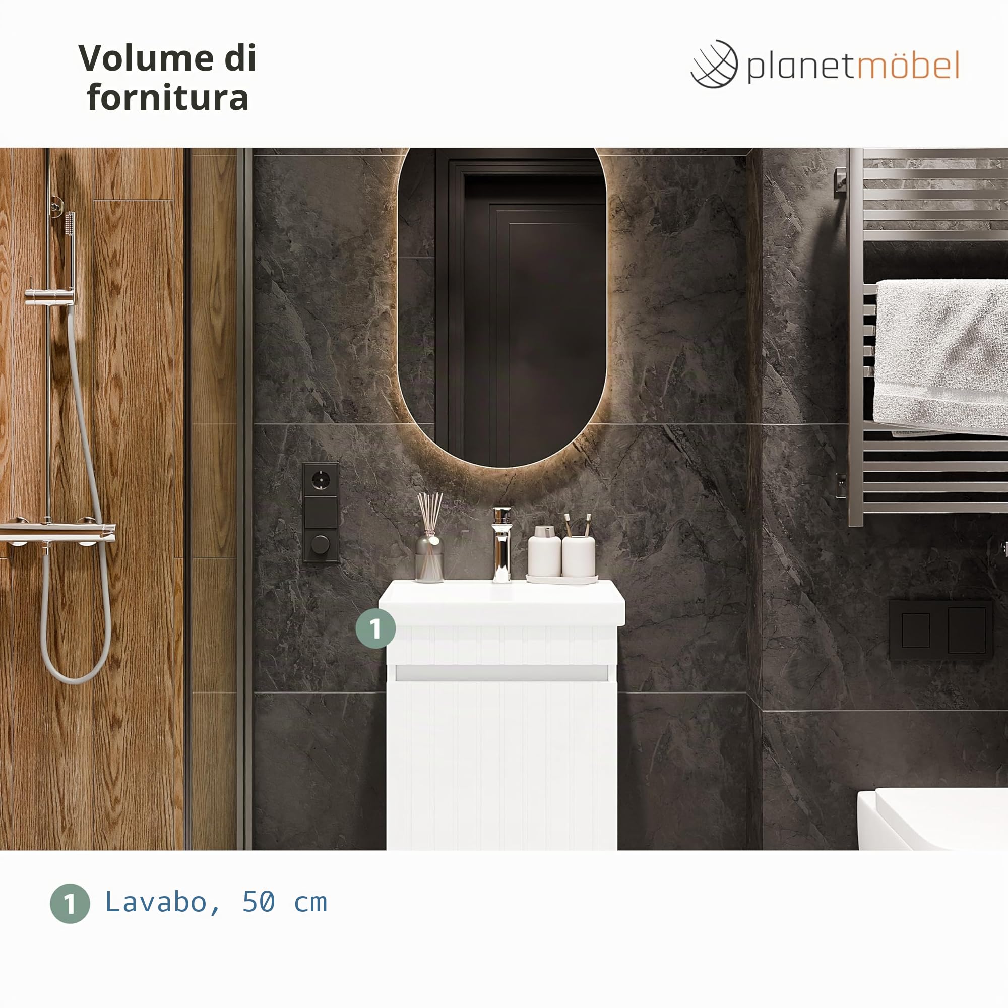 Planetmöbel Cosmia - Set di mobili da bagno, composto da lavandino con mobiletto da 50 x 60 x 35 cm, colore: bianco, lavabo in ceramica con cassetto