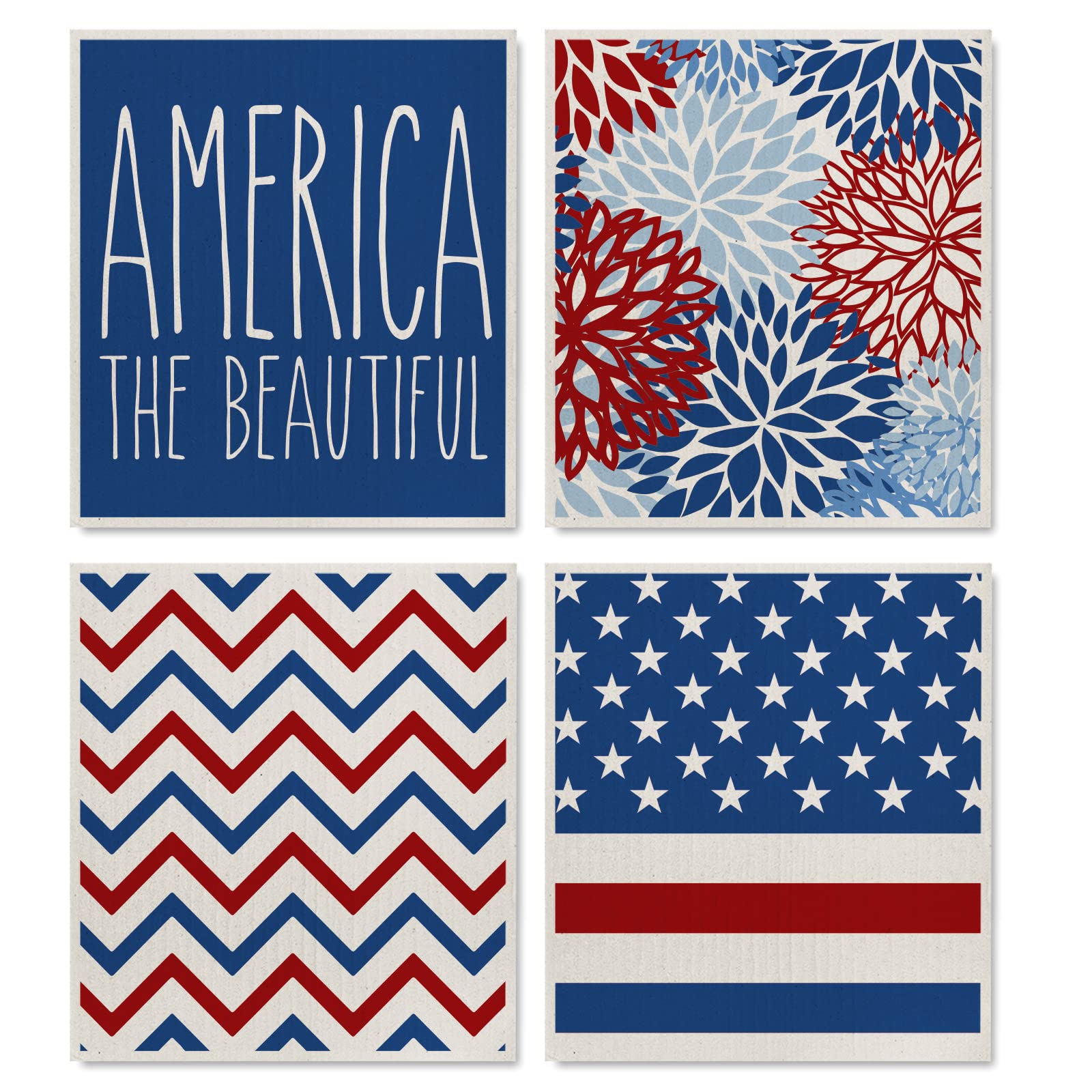 AnyDesign Patriotic Swedish Dishcloths American Flag Stars Stripes Floral Kitchen Dish Towel Reusable Washable 4th of July Cotton Kitchen Towel for Independence Day Home Party Cleaning, 7 x 8, 4Pcs