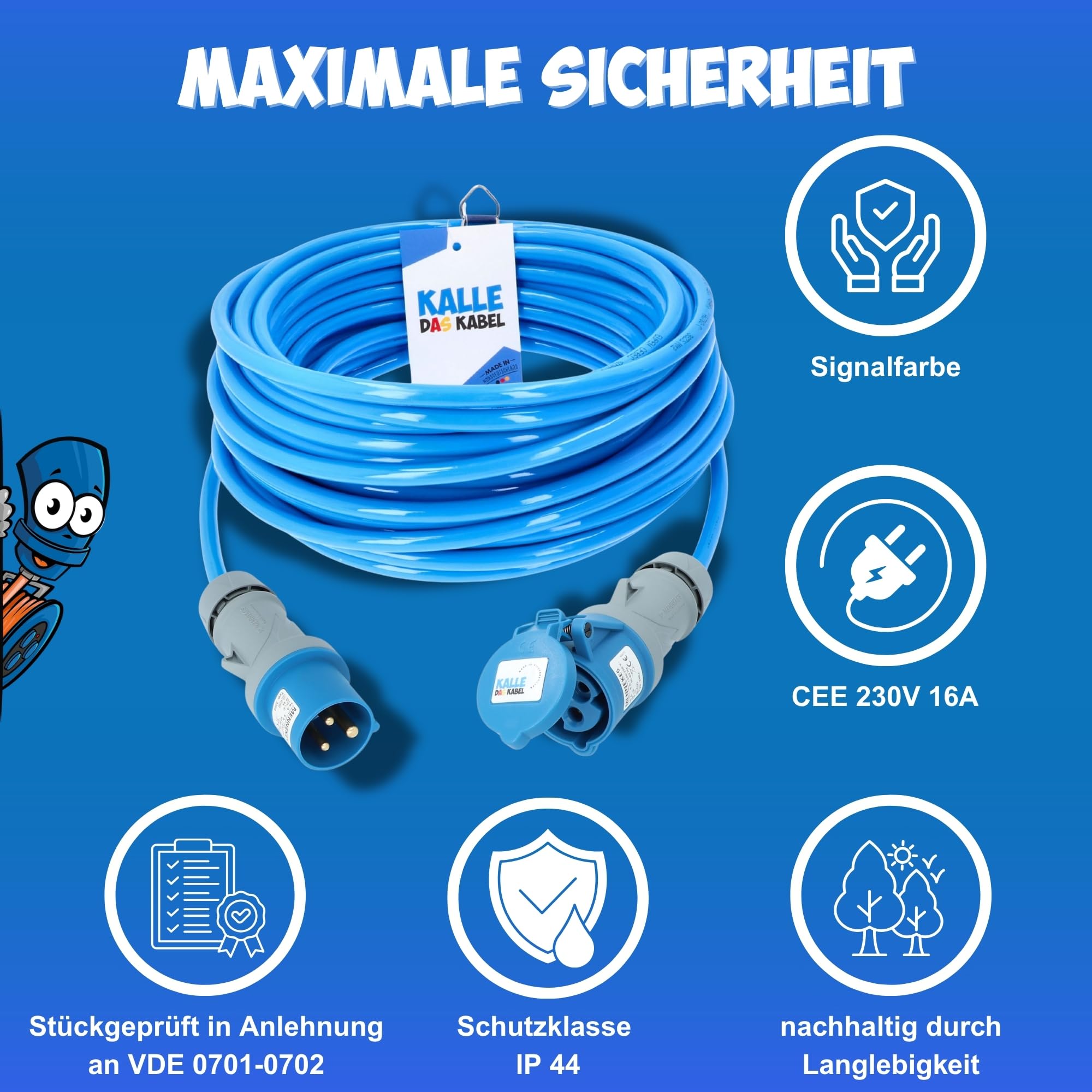 KALLE DAS KABEL Rallonge CEE 230 V H07BQ-F 3G 2,5 mm² câble de très haute qualité pour industrie BAU Boot Womo Camping 10 mètres
