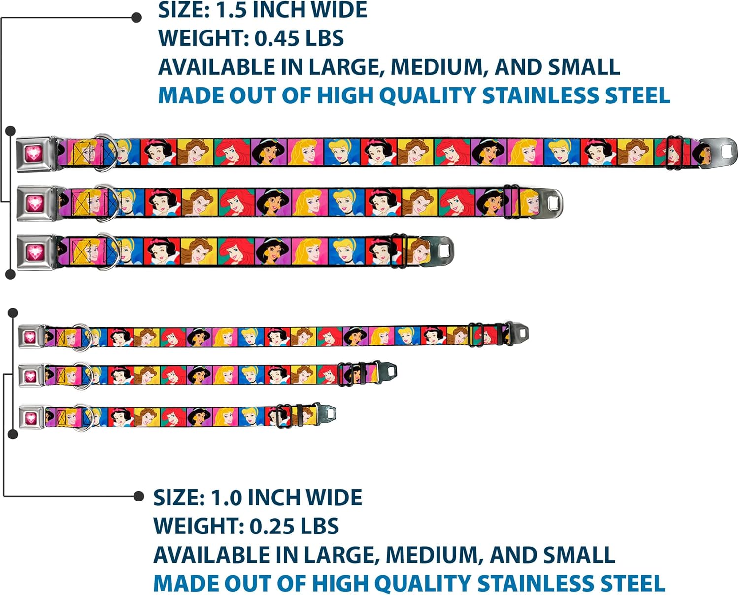 Disney Pet Collar, Dog Collar Metal Seatbelt Buckle, Disney Princess Blocks, 13 to 17 Inches 1.5 Inch Wide