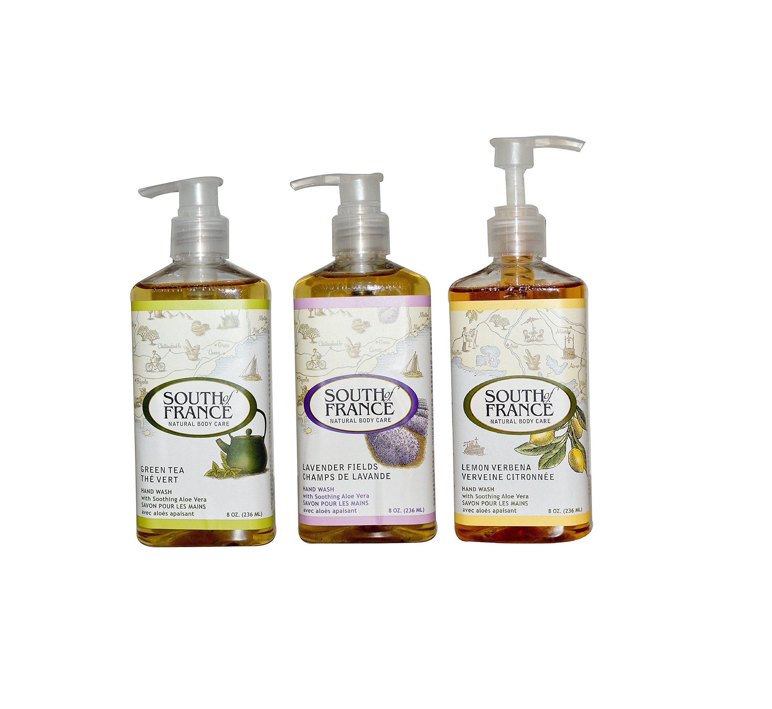 South of France Green Tea Hand Wash, Lavender Fields & Lemon Verbena Bundle with Aloe Leaf Extract and Coconut Oil, 8 fl. oz. each