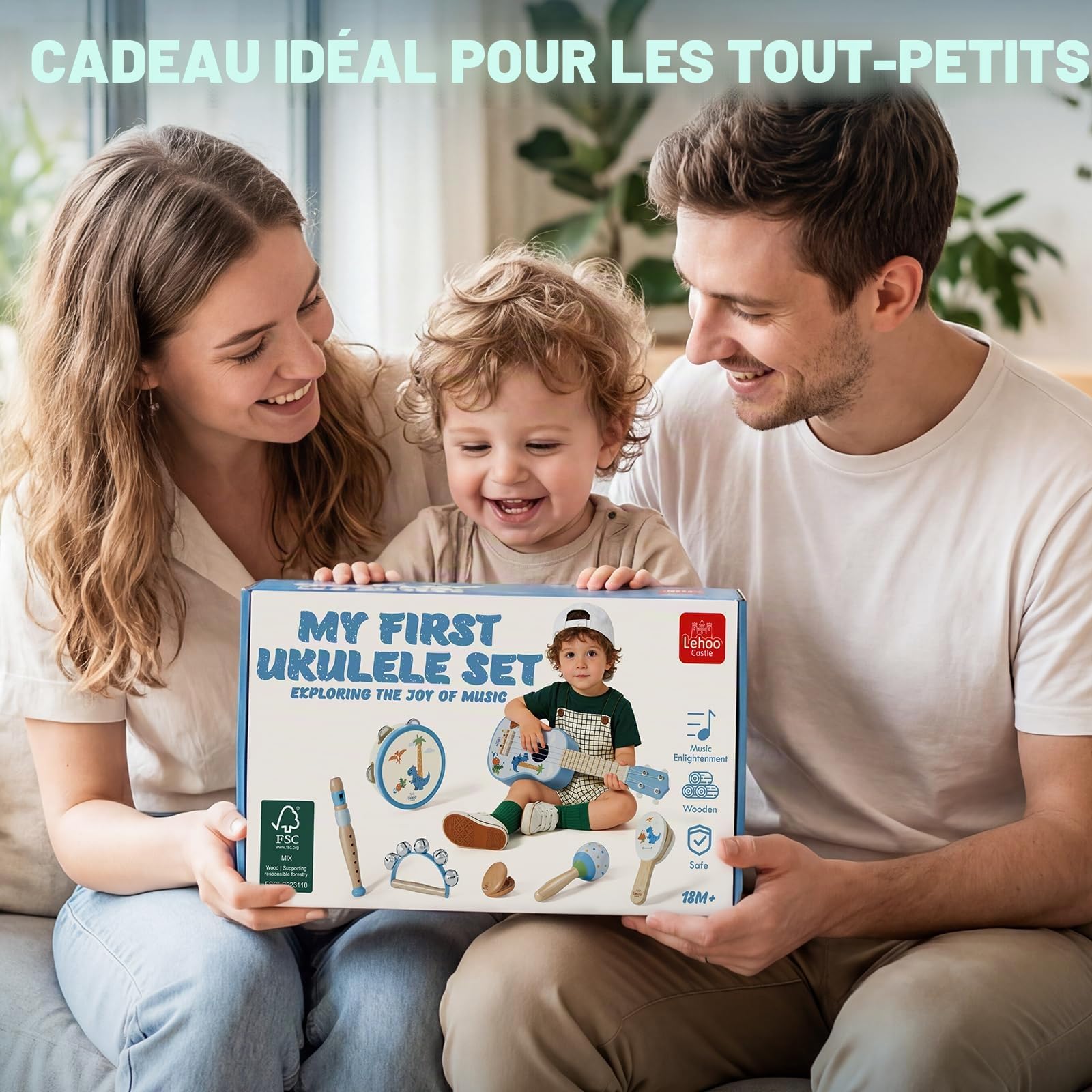 Lehoo Castle Guitare Enfant 1 2 3 Ans avec Bois Instruments de Musique Bebe | Jeu cadeau enfant 2 ans, Ukulélé en Bois avec Tambourin, Flûte, Maracas et Hochet, Montessori Jouet Musical Educatif