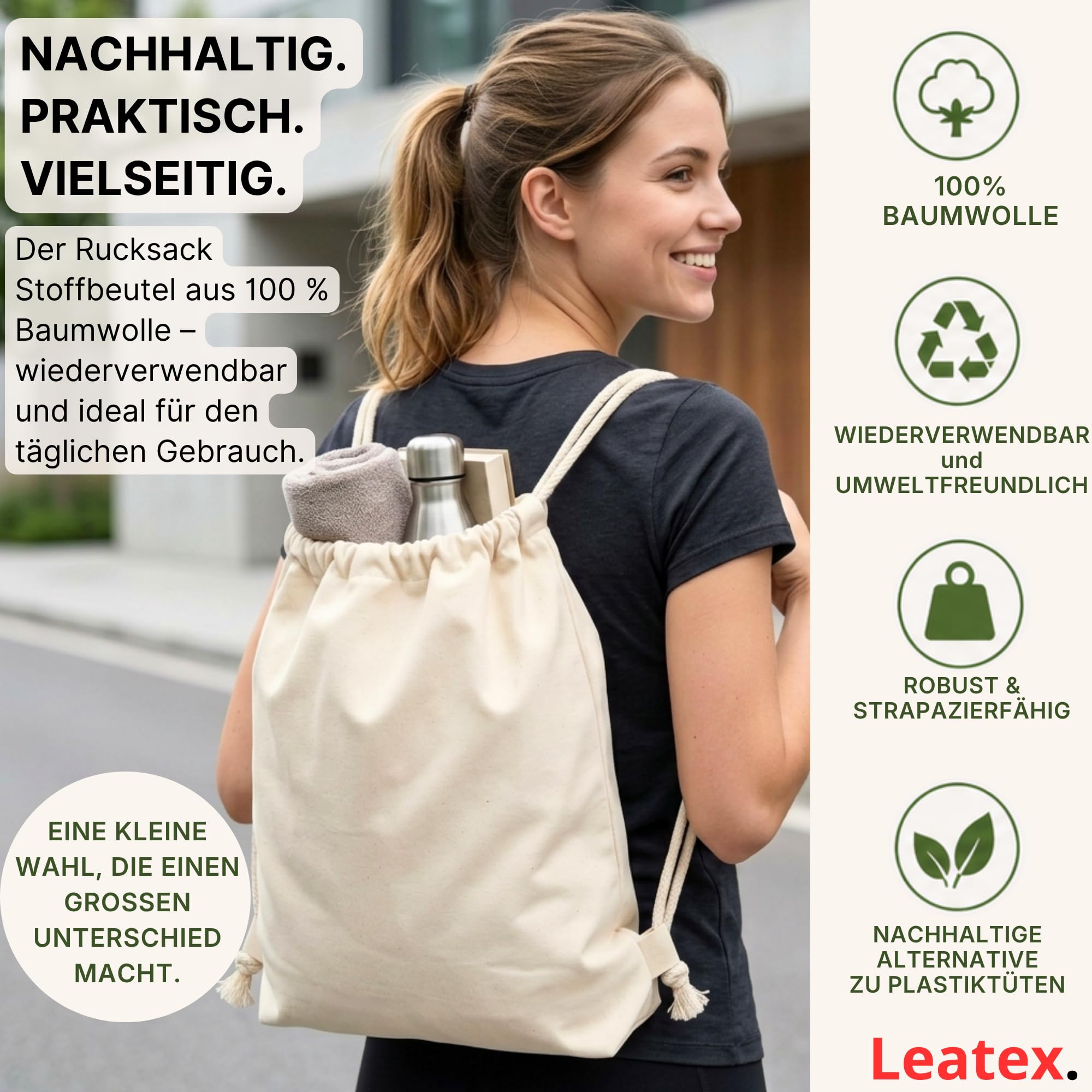Baumwoll Turnbeutel 38×42 cm – Kordelzugbeutel aus 100% Baumwolle 145 g/m², OEKO-TEX zertifiziert – Sportbeutel zum Bemalen & Bedrucken – 5/10/25er Pack für Schule, Sport & Freizeit