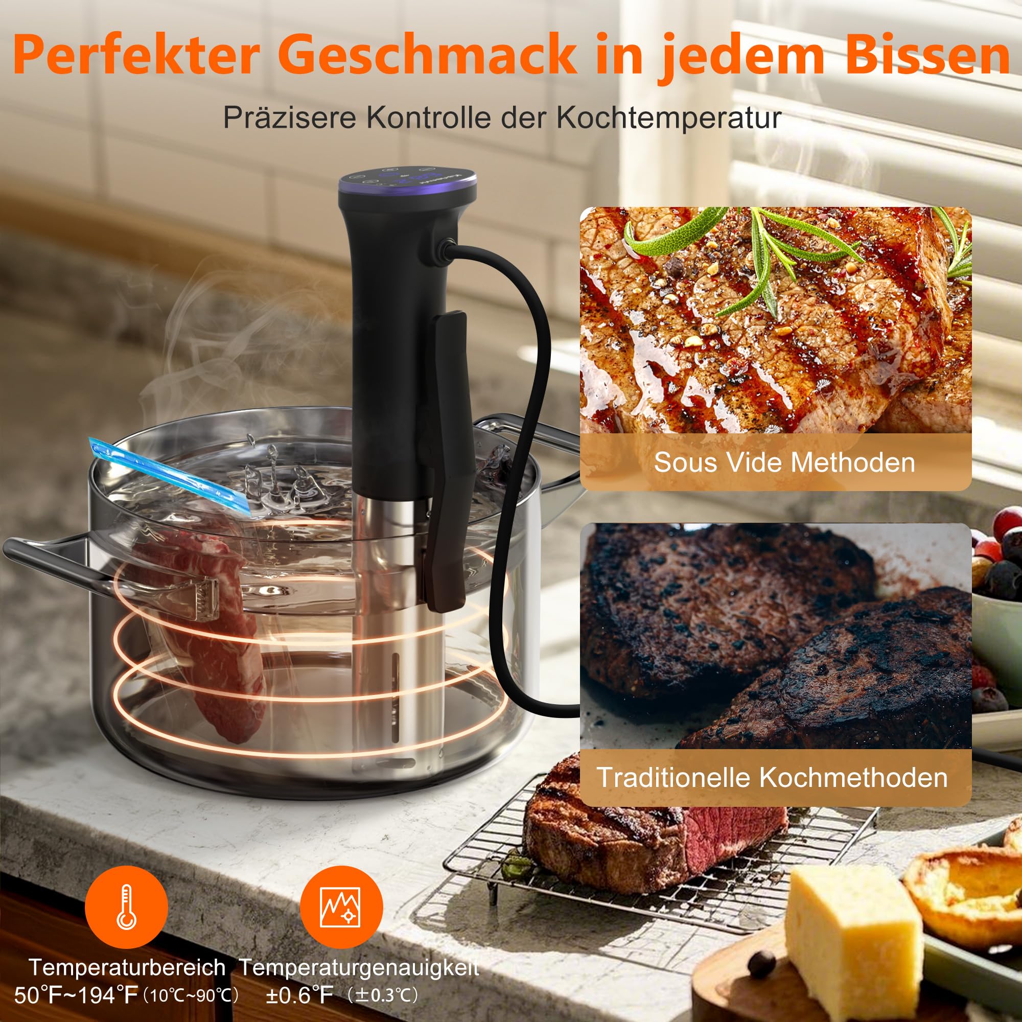 Sous Vide Garer Stick 1400W, Sous Vide Stick mit LCD Touchdisplay, Wifi Präzisionskocher Präziser, IPX7 Wasserdicht, 360° Präzisionskochtopf Immersion Zirkulation mit Timer