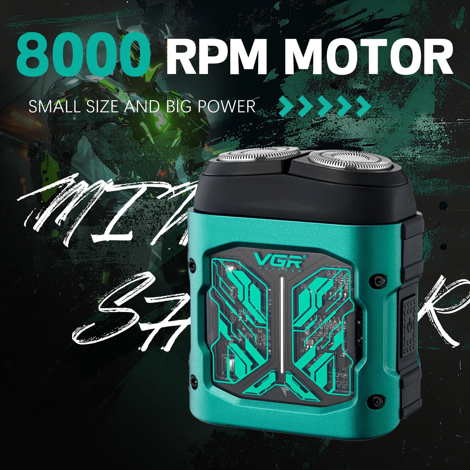 VGR 344 Mini Afeitadora Electrica Hombre, Afeitadora Electrica Hombre Portátil de Viaje con Cuchillas Giratorias Dobles Magnéticas Para Una Fácil Limpieza, Resistente al Agua IPX6, Carga USB, Verde