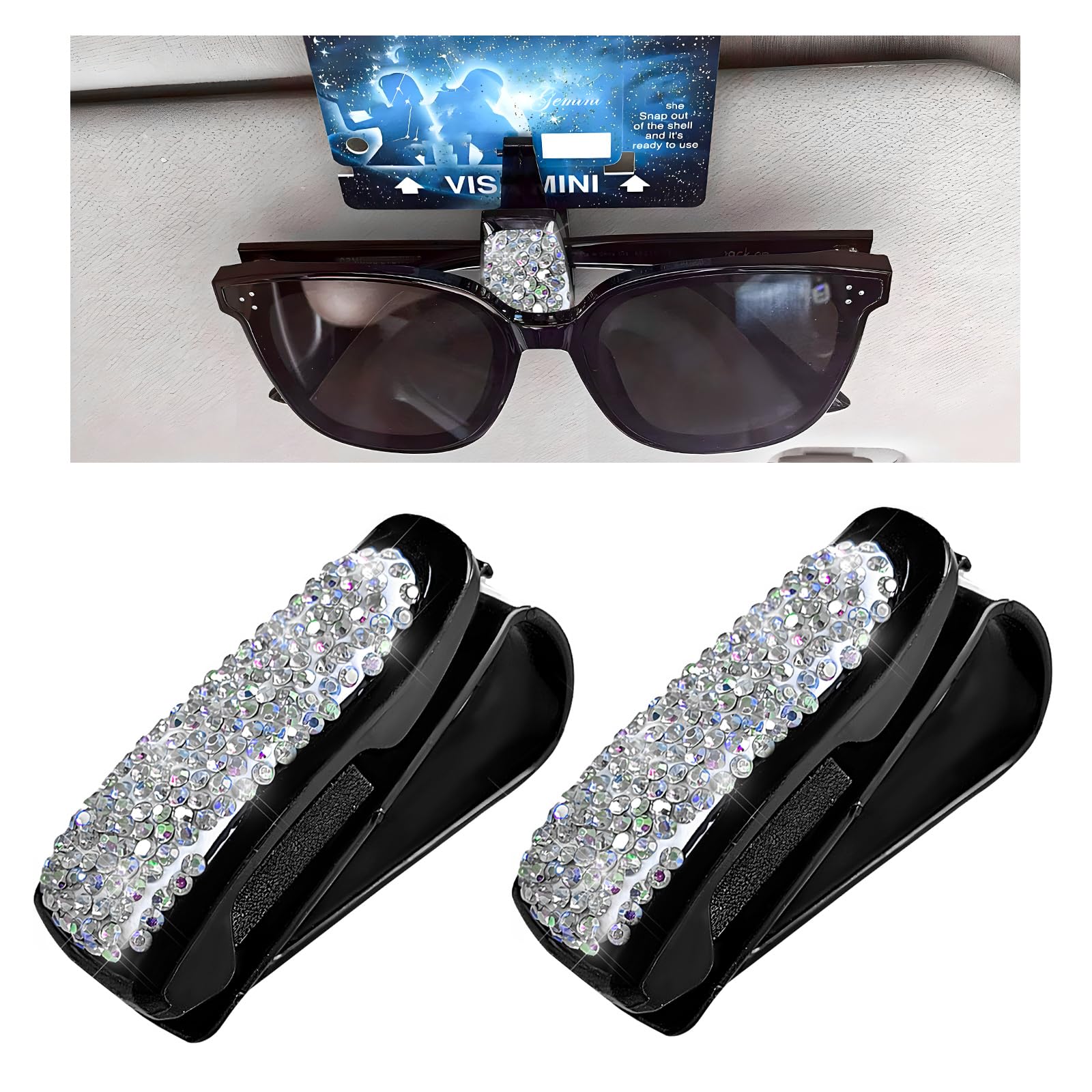 2 PCS Bling Sunglasses Holder for Car Sun Visor, Crystal Rhinestones Eyeglasses Hanger Mount with Ticket Card Clip, Universal Vehicle Visor Decor Accessories for Women (AB)