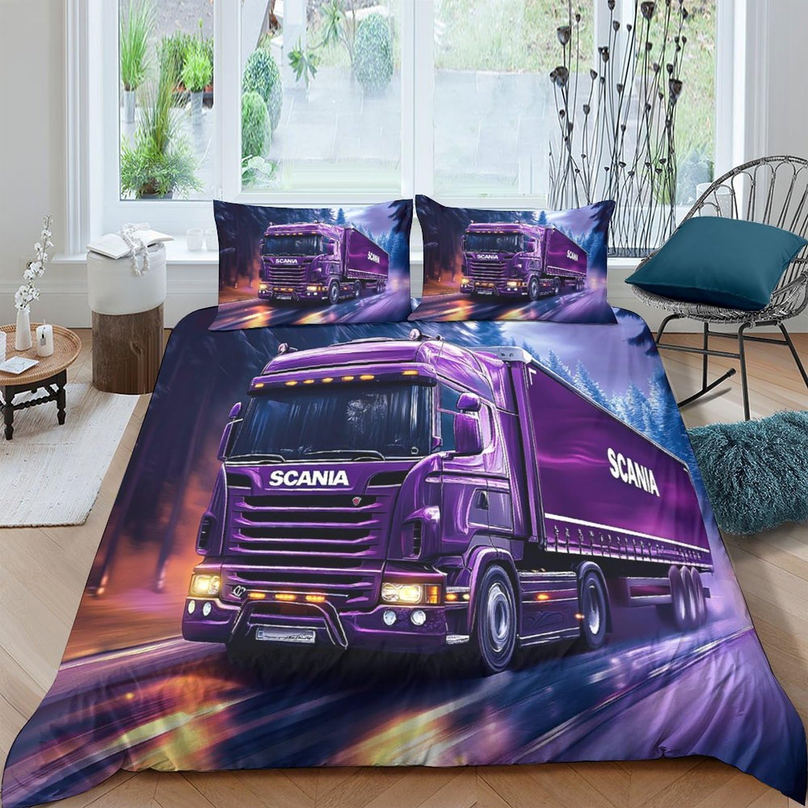 GPLZQXKJNH 3D Printed Purple Truck Duvet Cover Microfiber Soft Bedding Set with 2 Pillowcases, Highway Night Scene, Bedroom Decor Single（135x200cm）