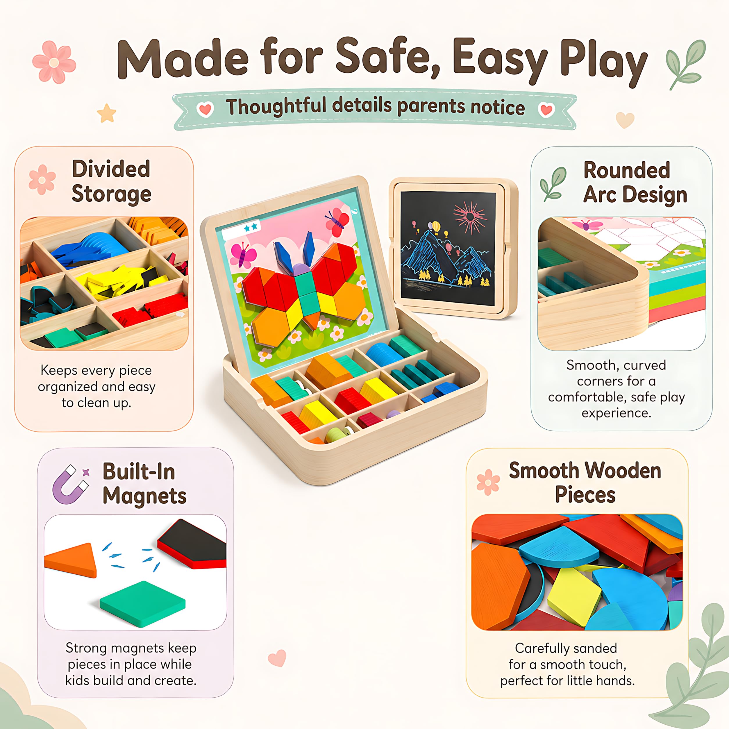 248-teiliges Holz-Magnetmusterblock-Set mit Karten, Stift und Aufbewahrungstasche, Montessori STEM Tangram Puzzle Spielzeug für Kleinkinder 4 5 6 7 8, pädagogisches Gehirn-Teaser-Geschenk für Jungen