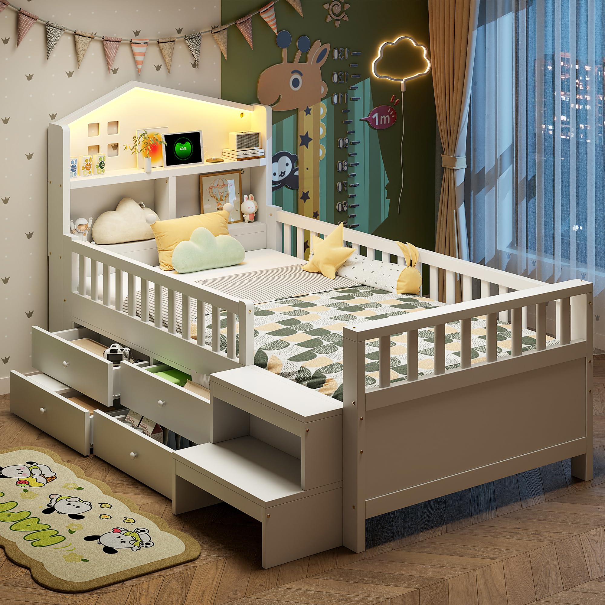 Soweiz Letto per bambini 90x200 cm, letto singolo con sponda di sicurezza, con quattro cassetti, con gradini, letto in legno massiccio con rete a doghe (bianco)