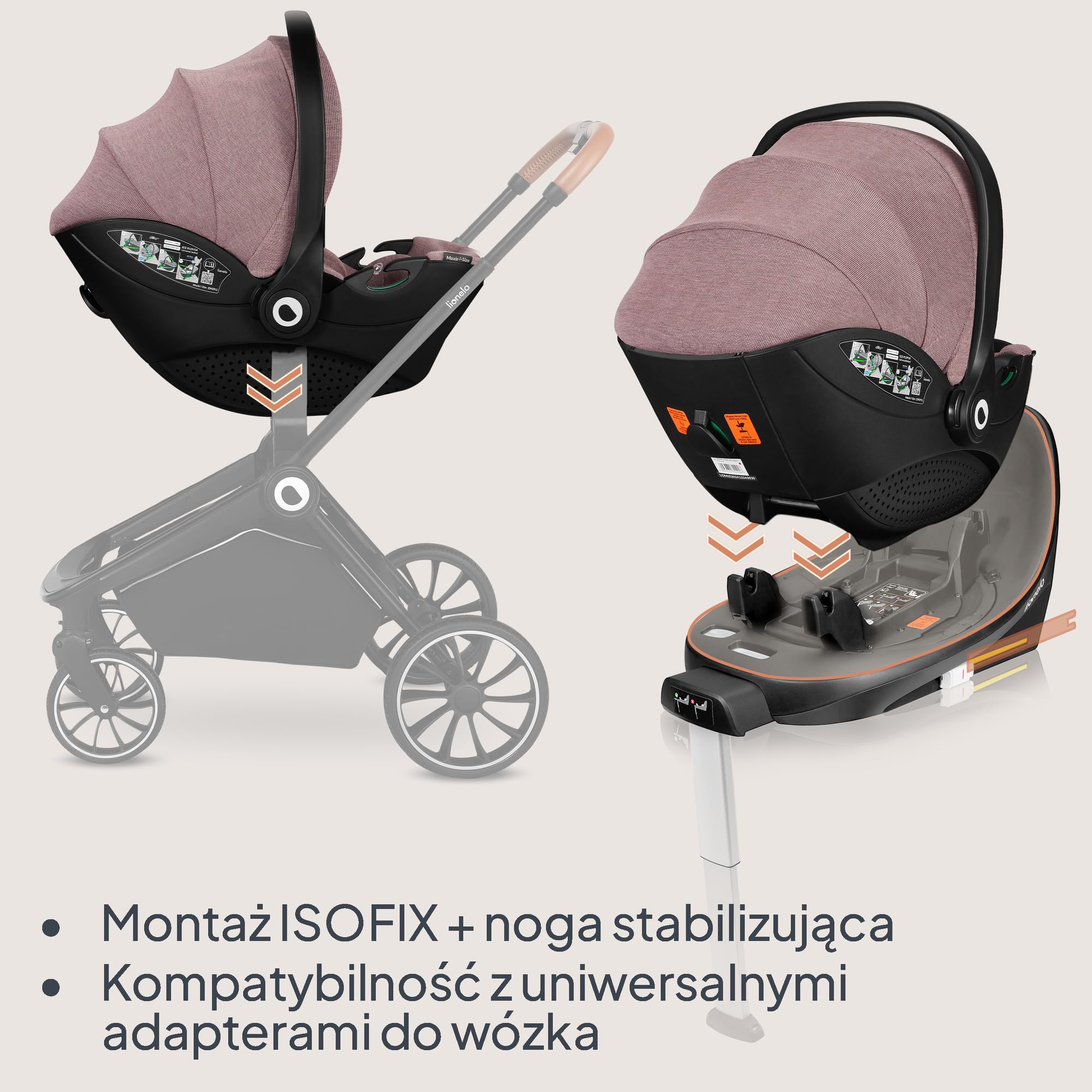 LIONELO MOXIE i-Size SET Fotelik samochodowy dla niemowląt z podstawą 40-87 cm Nosidełko dla niemowląt Mocowanie i stabilizacja ISOFIX Wsparcie stabilizujące ochraniacz boczny, regulacja zagłówka